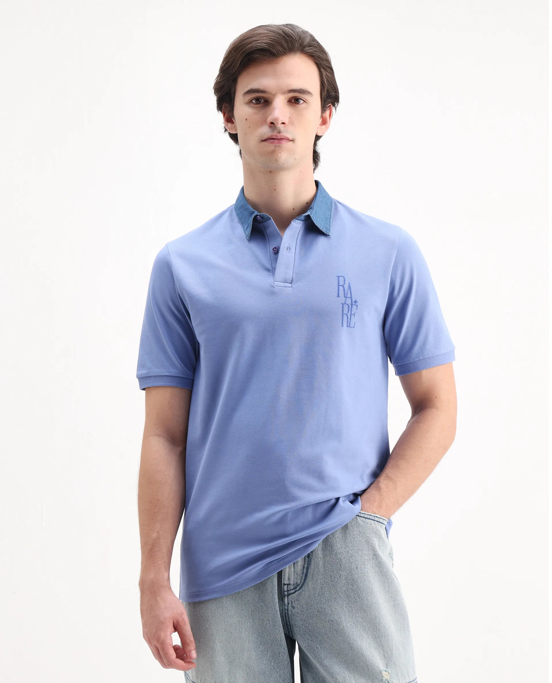 Rare Rabbit Men's Tem Blue Cotton Plain Regular Fit Half Sleeve Polo