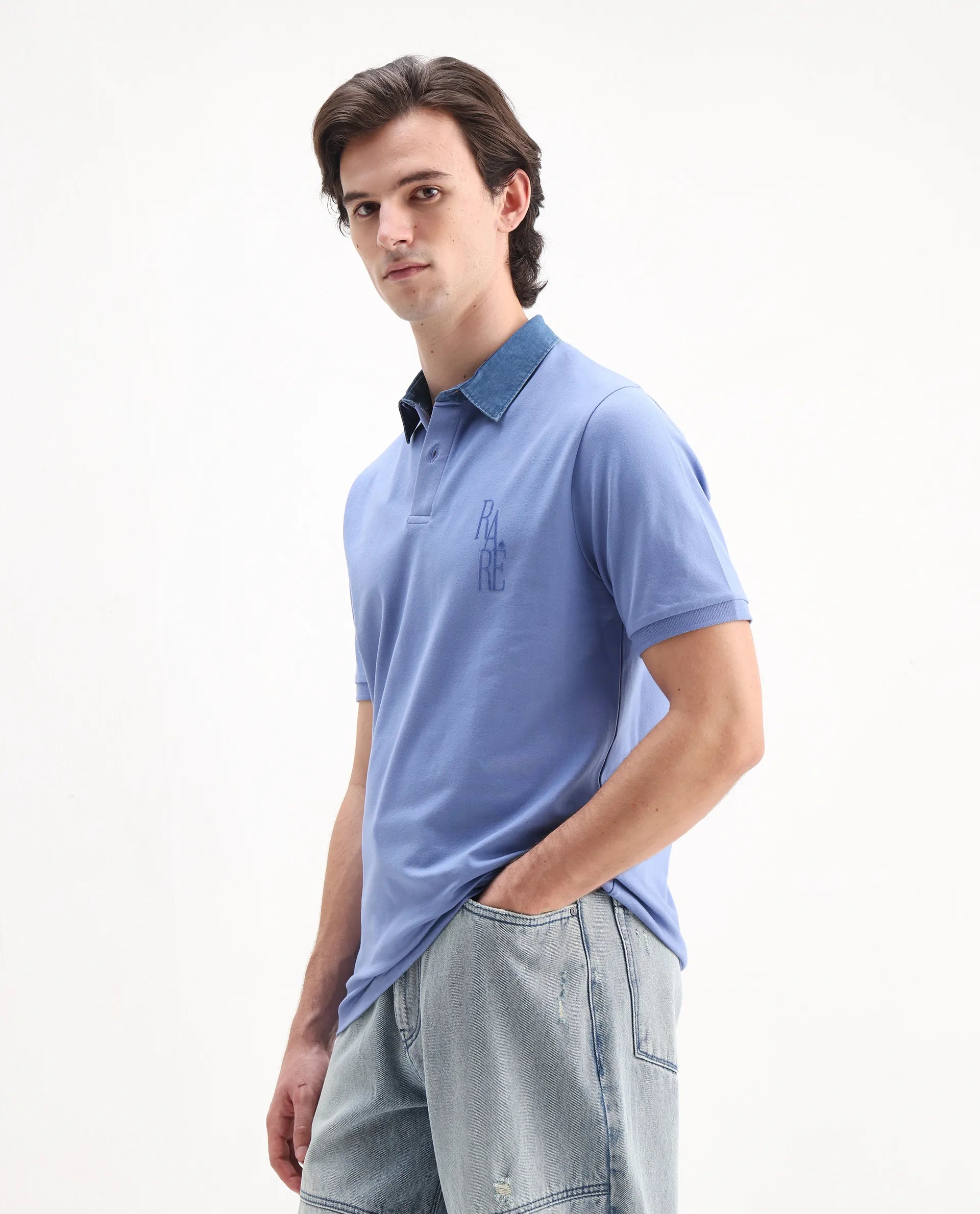 Rare Rabbit Men's Tem Blue Cotton Plain Regular Fit Half Sleeve Polo
