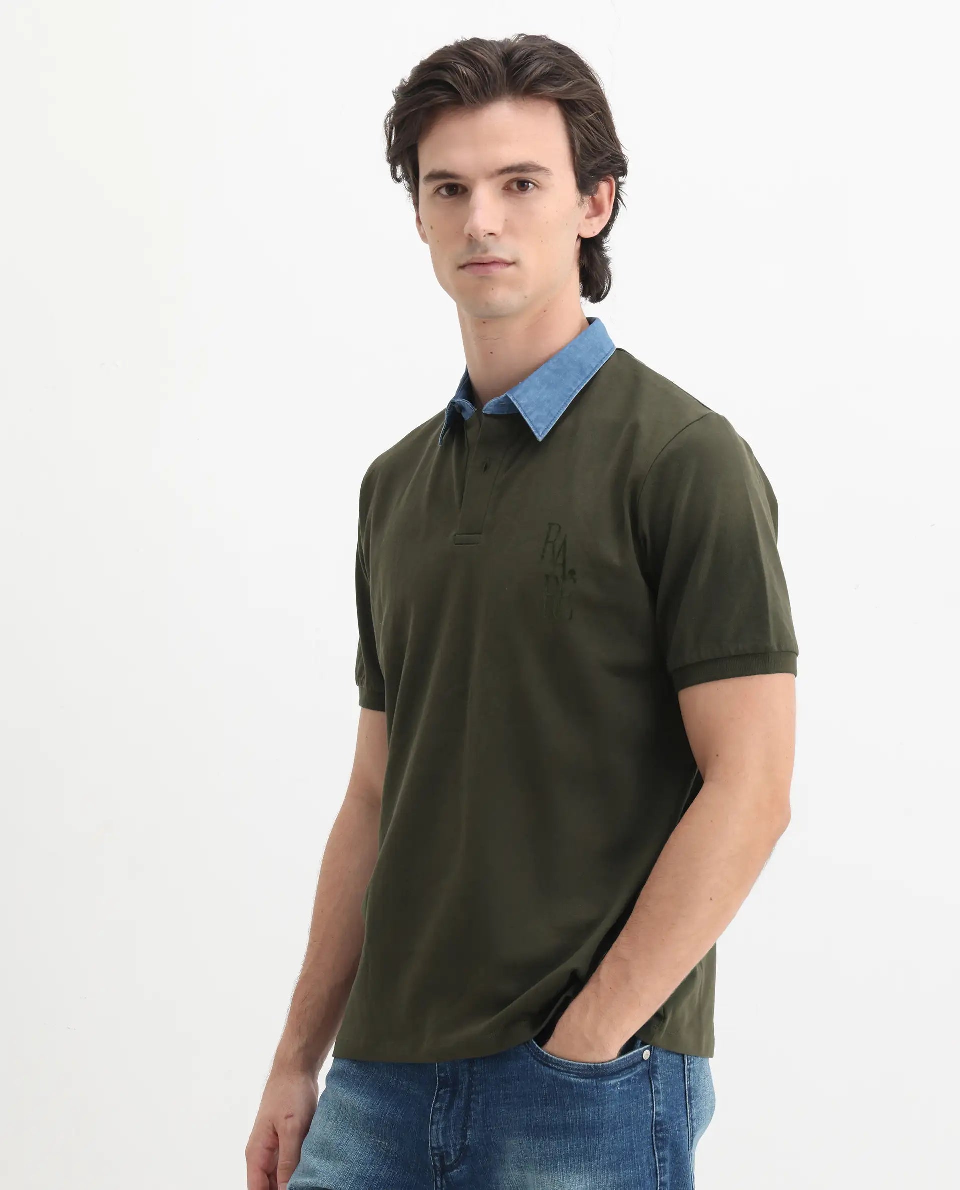 Rare Rabbit Men's Tem Dark Olive Cotton Plain Regular Fit Half Sleeve Polo