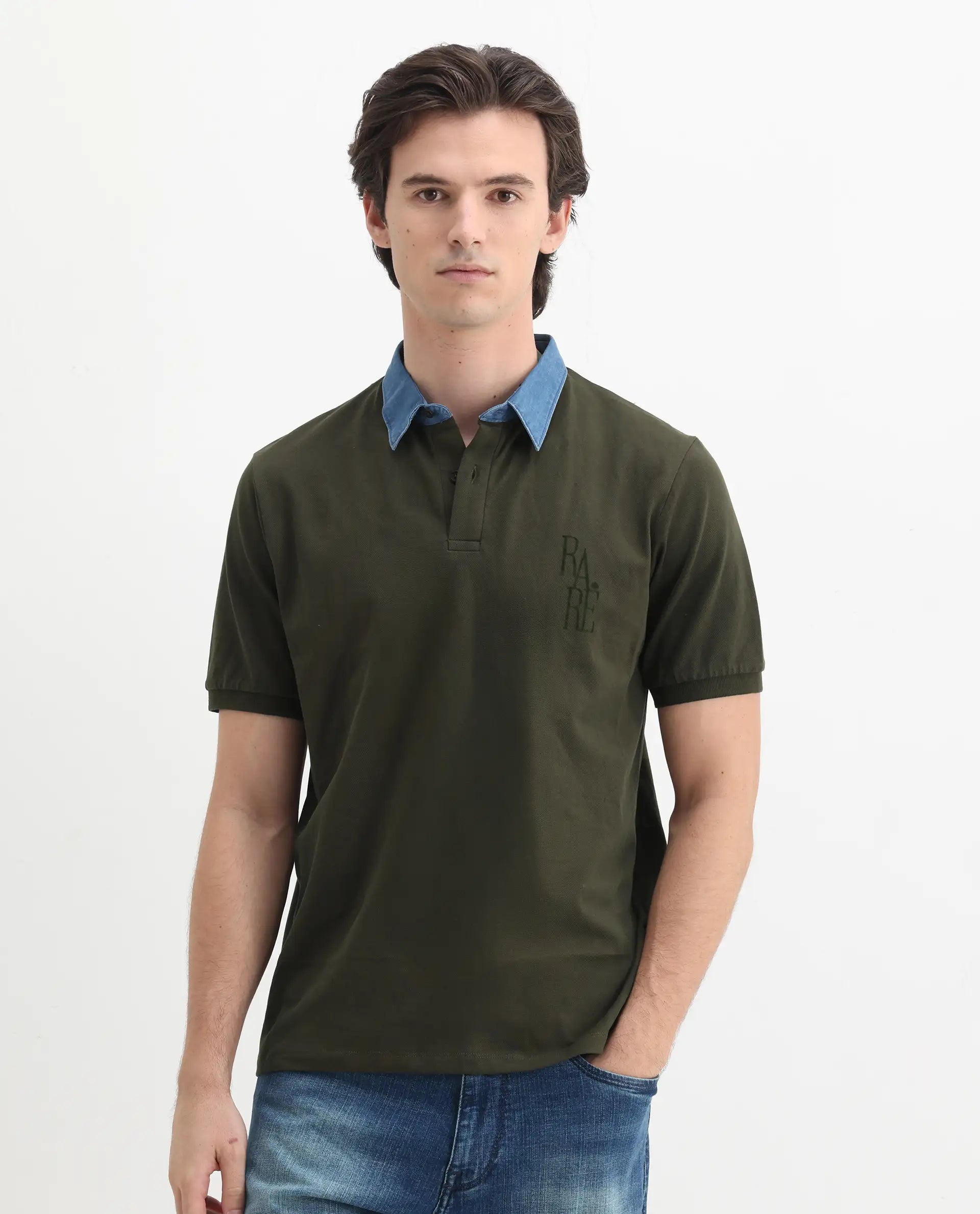 Rare Rabbit Men's Tem Dark Olive Cotton Plain Regular Fit Half Sleeve Polo
