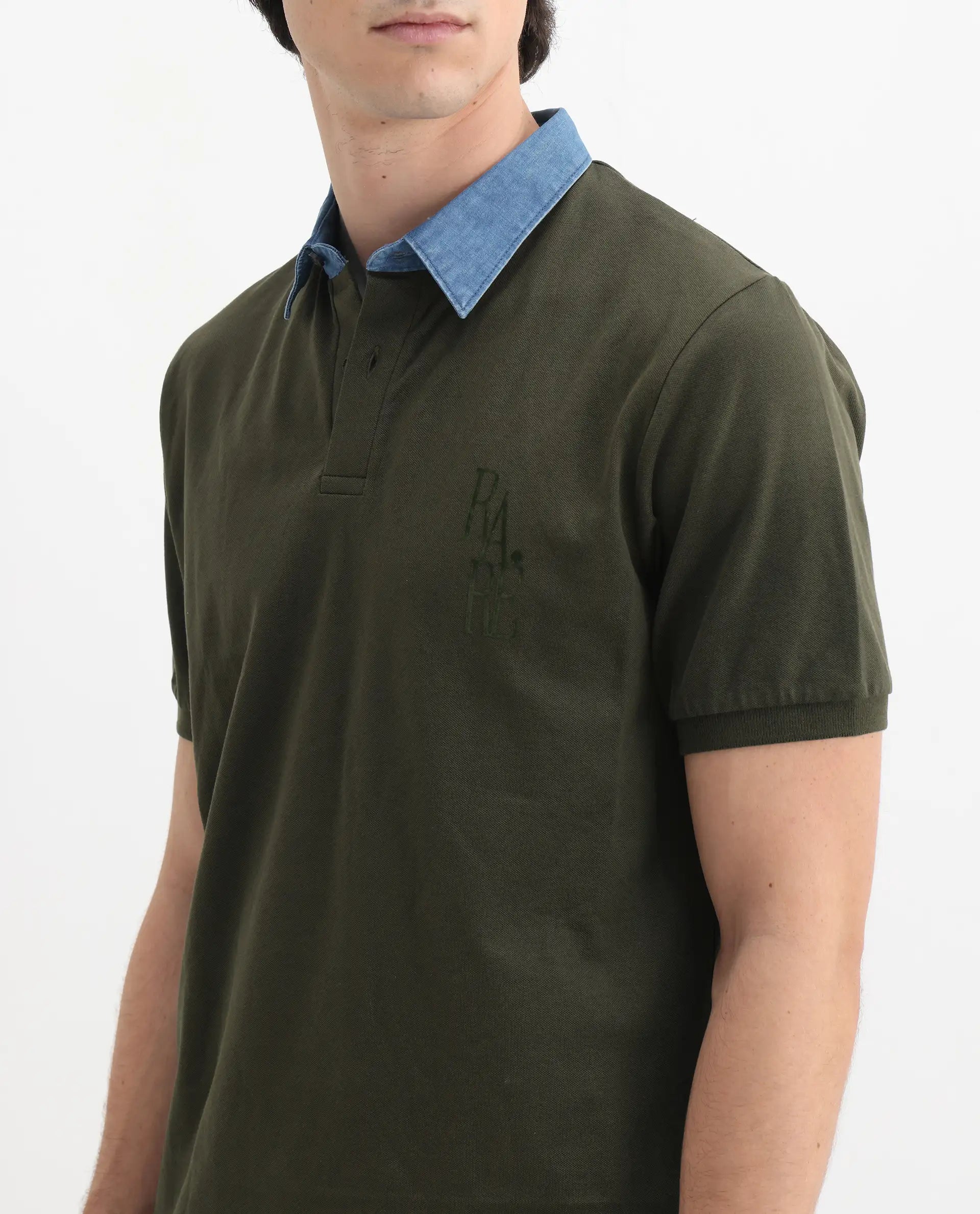 Rare Rabbit Men's Tem Dark Olive Cotton Plain Regular Fit Half Sleeve Polo