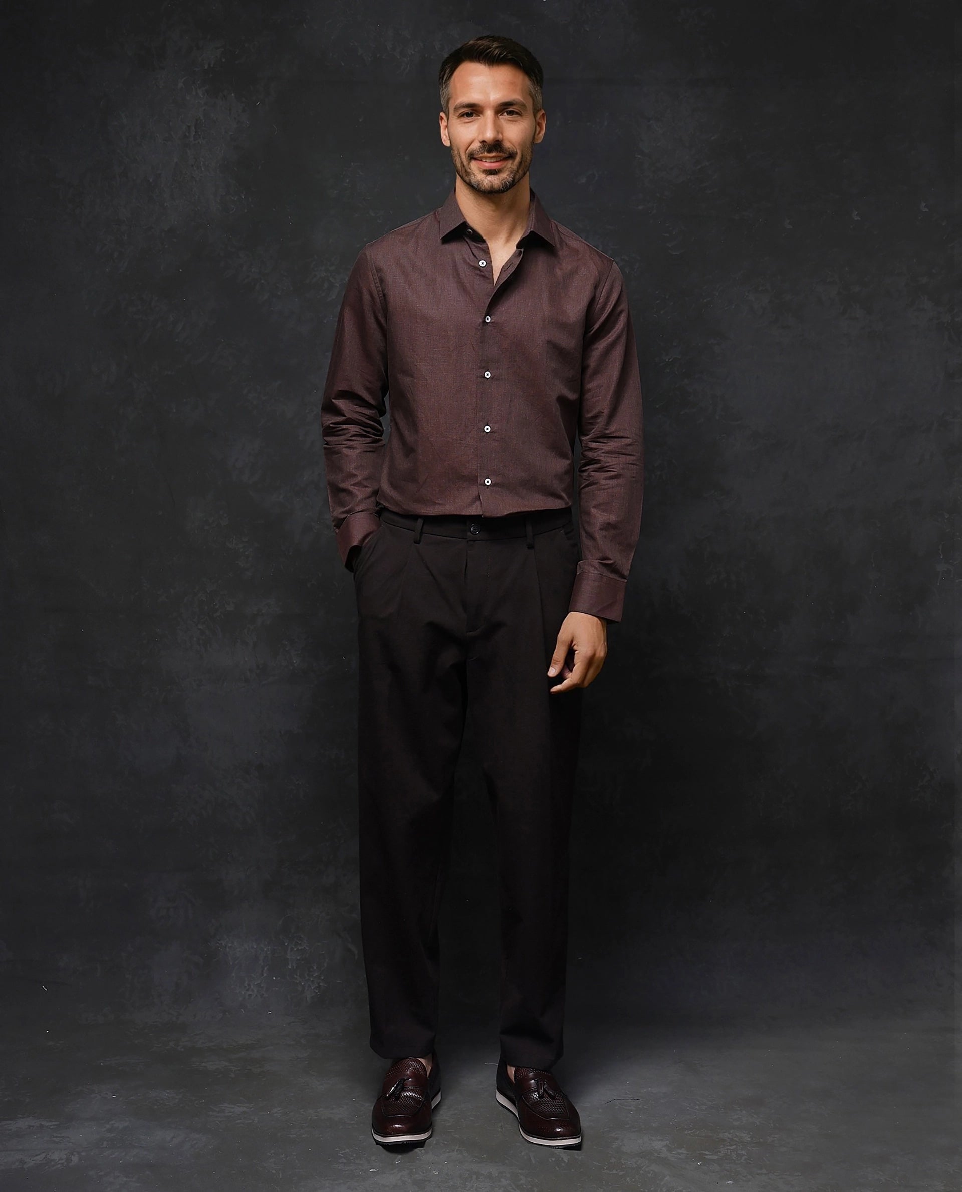 Rare Rabbit Men Tempa Dark Brown Cotton Full Sleeve Regular Fit Textured Shirt