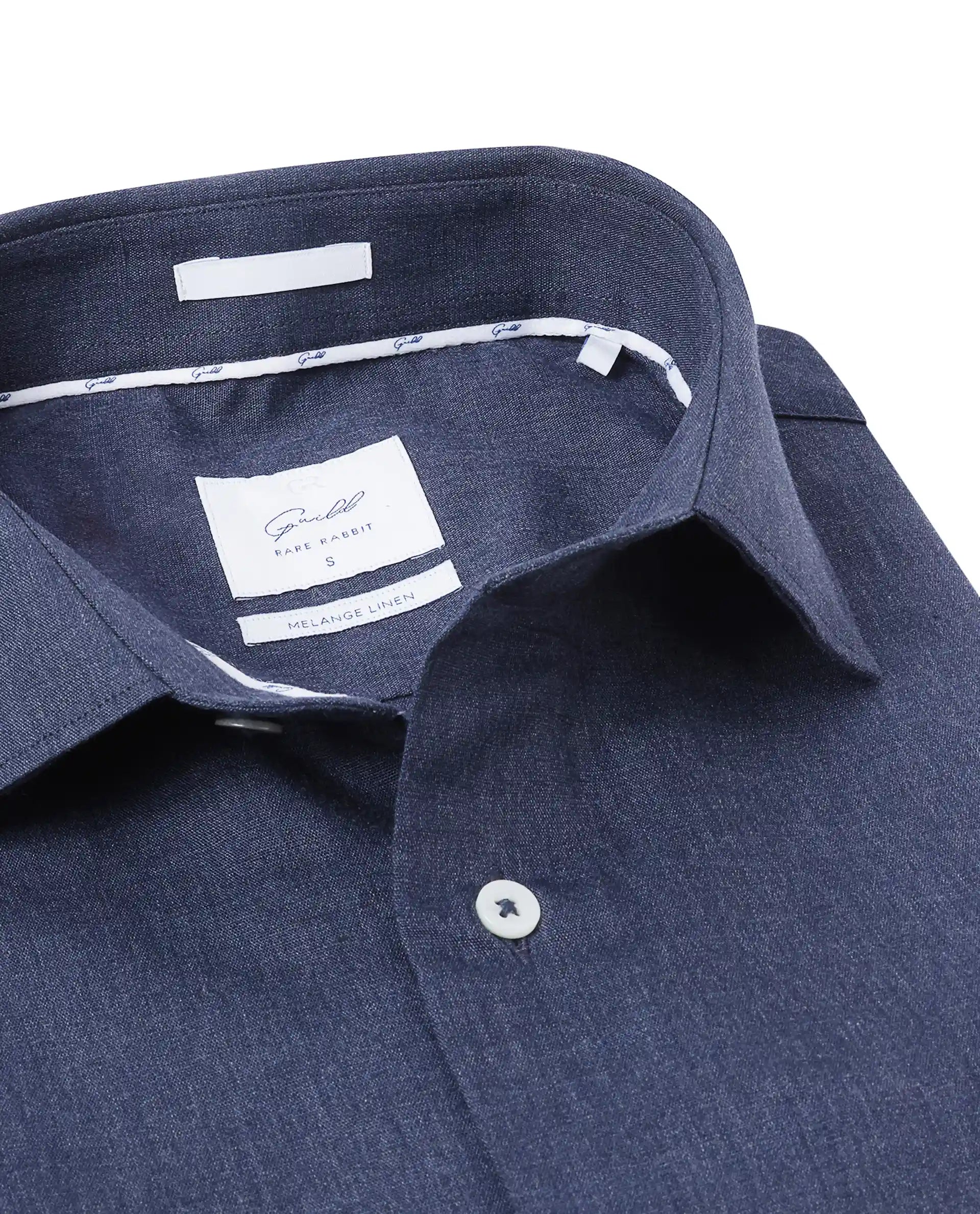 Rare Rabbit Men's Tempa Navy Linen Blend Plain Regular Fit Full Sleeve Collared Shirt