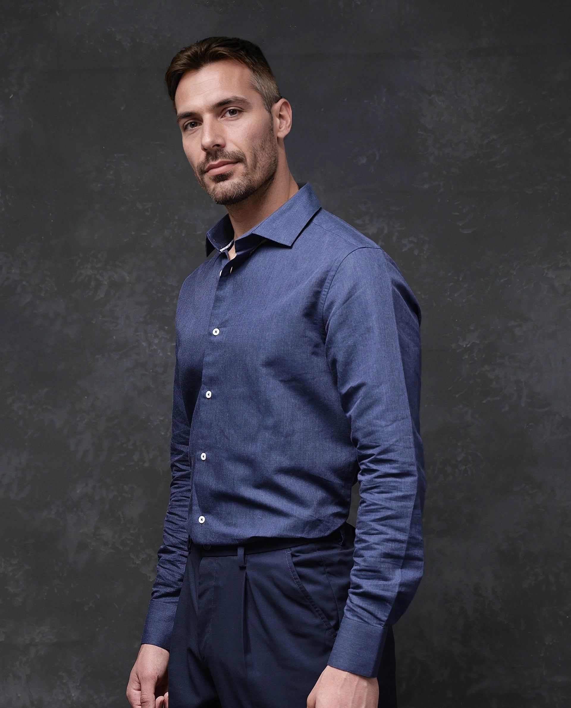 Rare Rabbit Men Tempa Navy Cotton Full Sleeve Regular Fit Textured Shirt