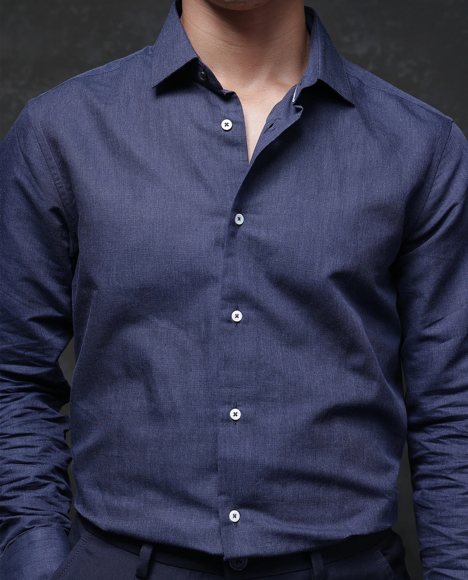 Rare Rabbit Men Tempa Navy Cotton Full Sleeve Regular Fit Textured Shirt