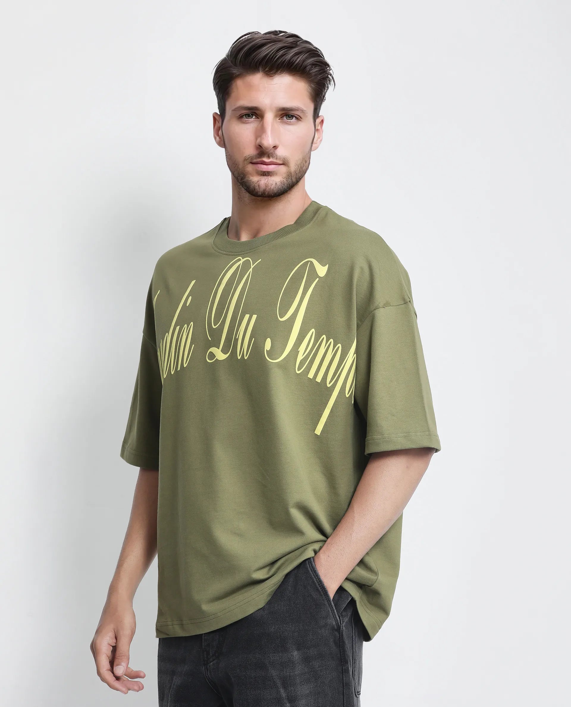 Rare Rabbit Men Tempe Light Olive Cotton Fabric Short Sleeve Slip-On Oversized Fit Printed T-Shirt