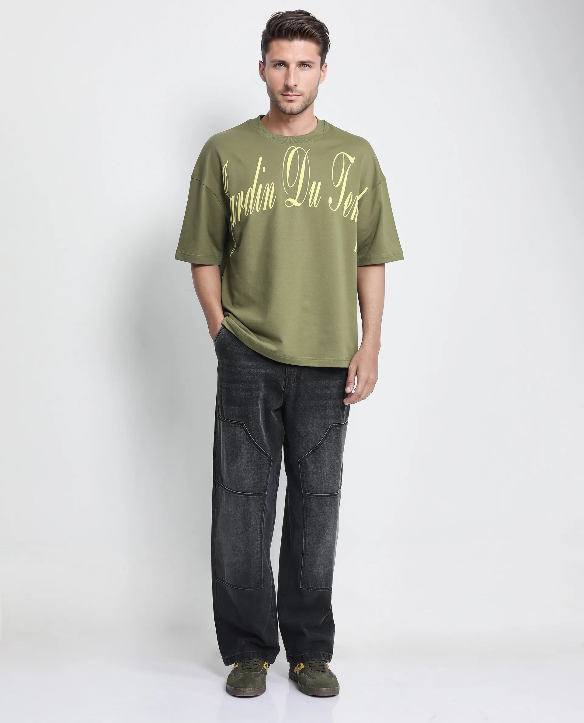 Rare Rabbit Men Tempe Light Olive Cotton Fabric Short Sleeve Slip-On Oversized Fit Printed T-Shirt