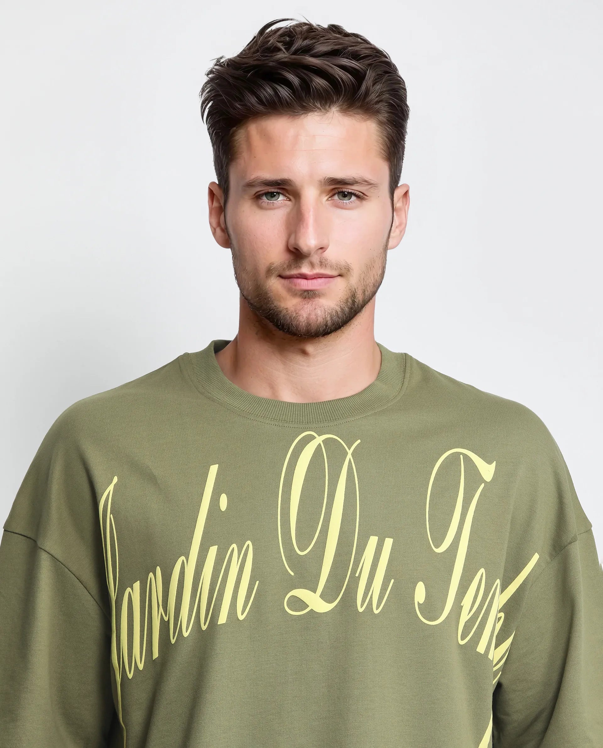Rare Rabbit Men Tempe Light Olive Cotton Fabric Short Sleeve Slip-On Oversized Fit Printed T-Shirt
