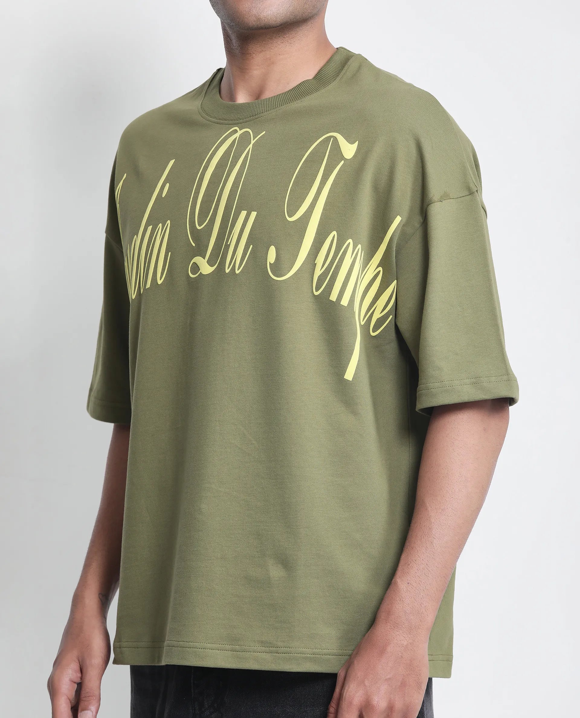 Rare Rabbit Men Tempe Light Olive Cotton Fabric Short Sleeve Slip-On Oversized Fit Printed T-Shirt