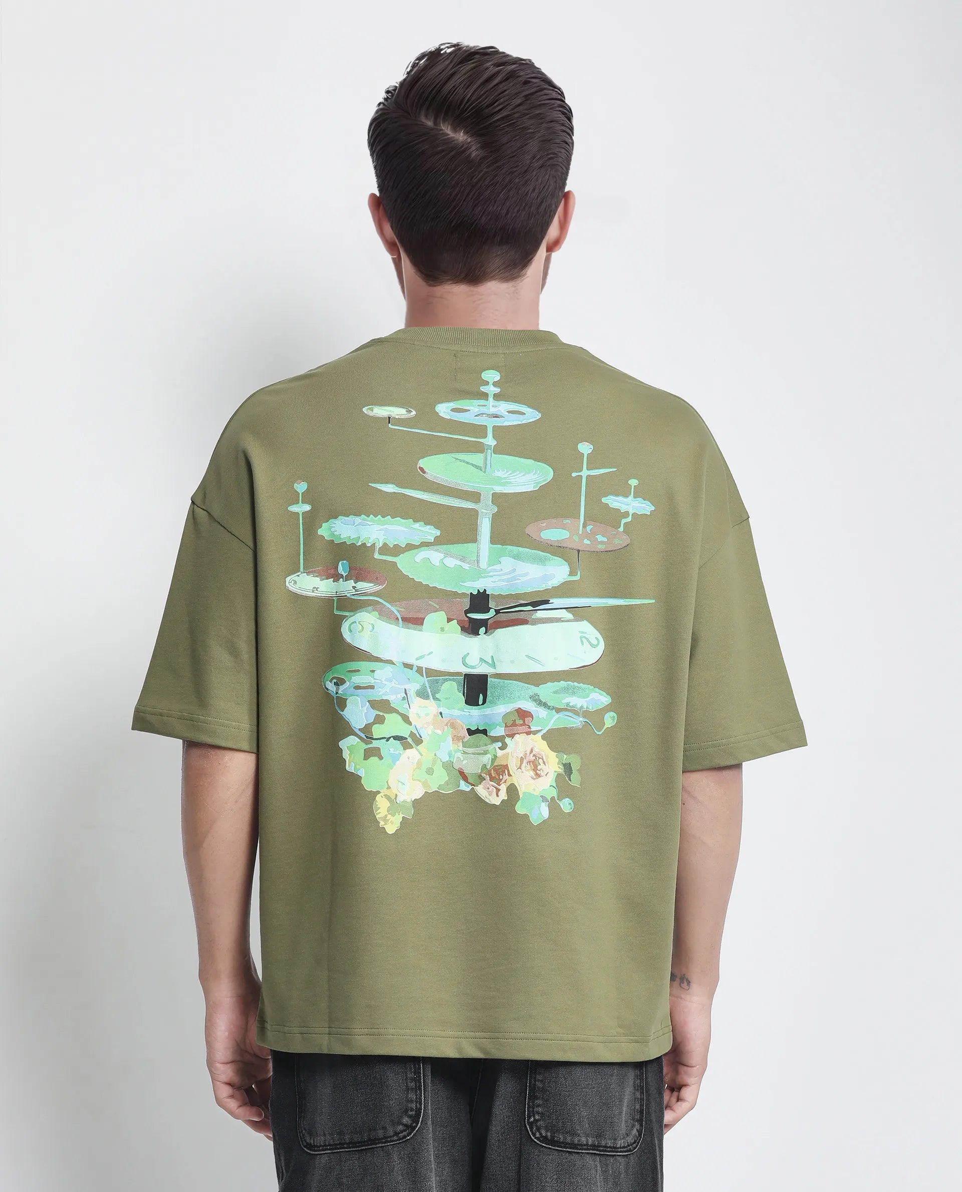 Rare Rabbit Men Tempe Light Olive Cotton Fabric Short Sleeve Slip-On Oversized Fit Printed T-Shirt