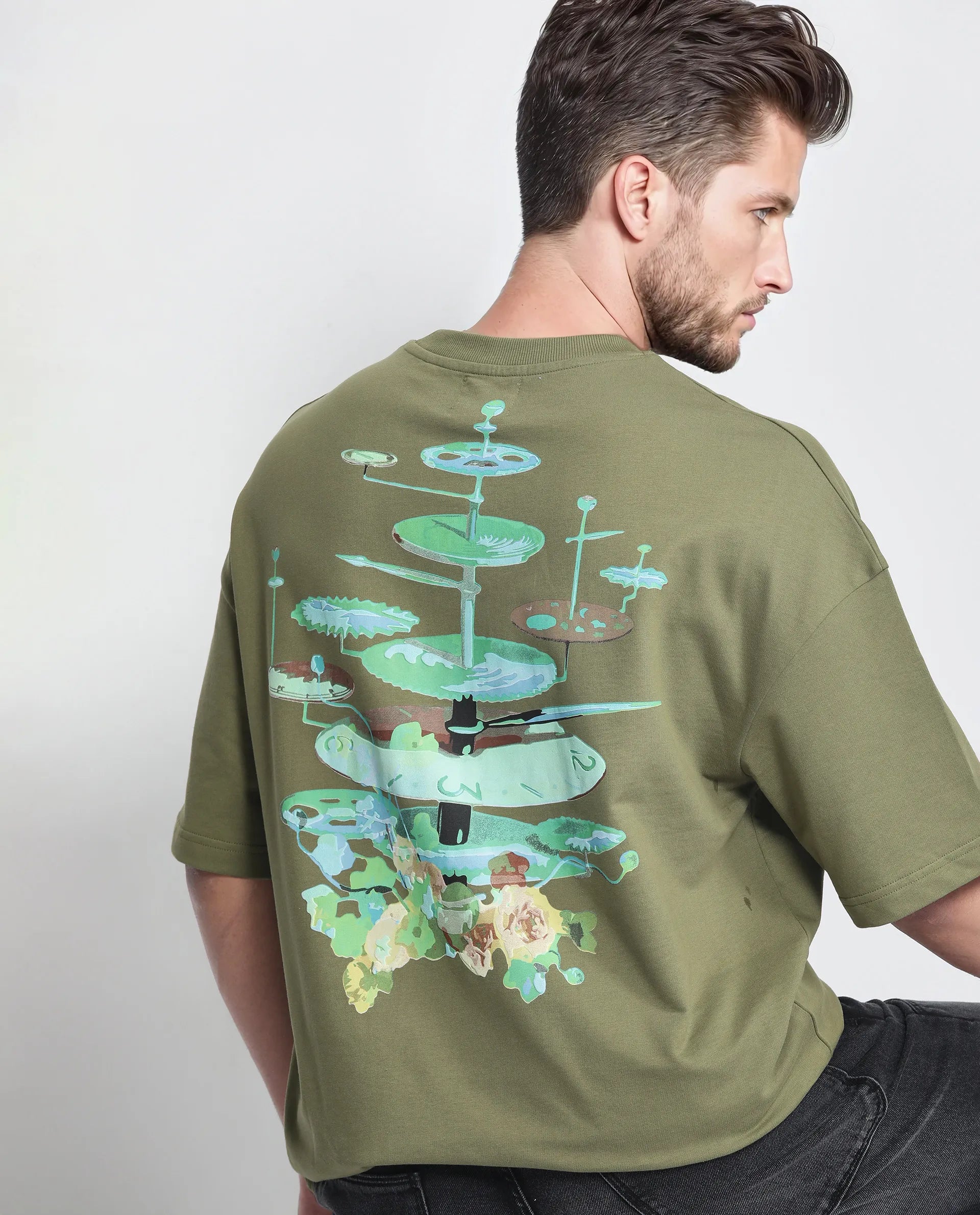 Rare Rabbit Men Tempe Light Olive Cotton Fabric Short Sleeve Slip-On Oversized Fit Printed T-Shirt