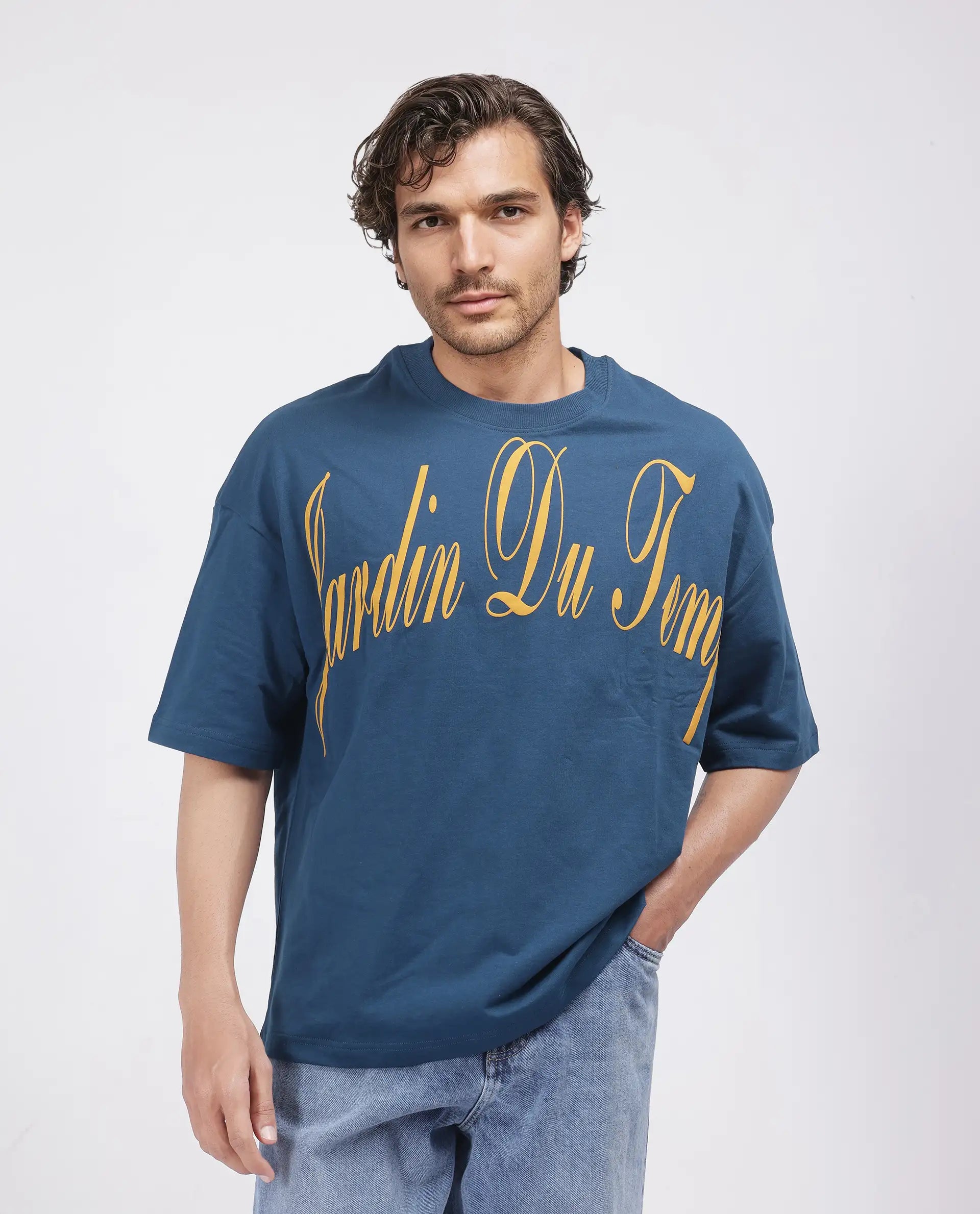 Rare Rabbit Men Tempe Petrol Cotton Fabric Short Sleeve Slip-On Oversized Fit Printed T-Shirt