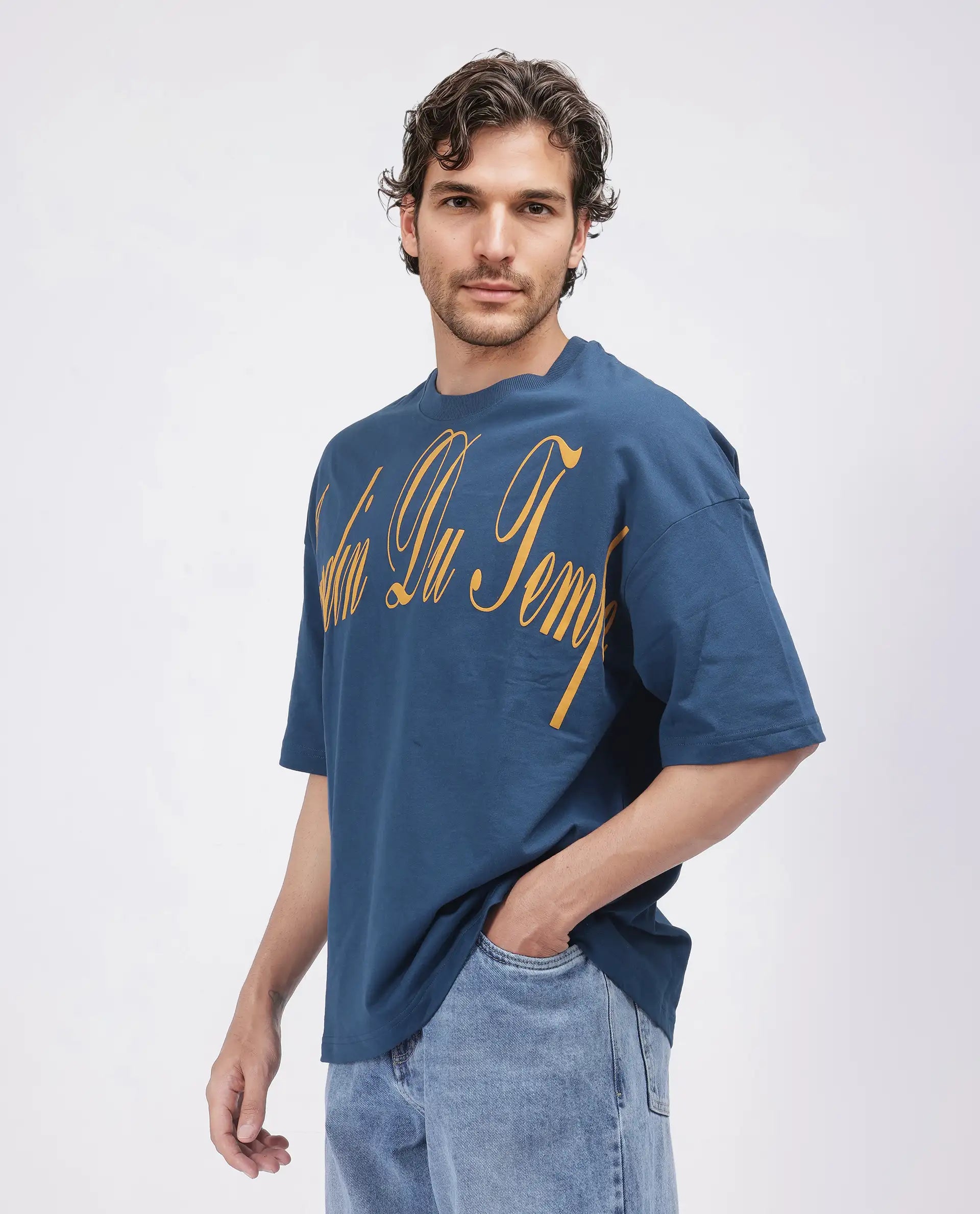 Rare Rabbit Men Tempe Petrol Cotton Fabric Short Sleeve Slip-On Oversized Fit Printed T-Shirt