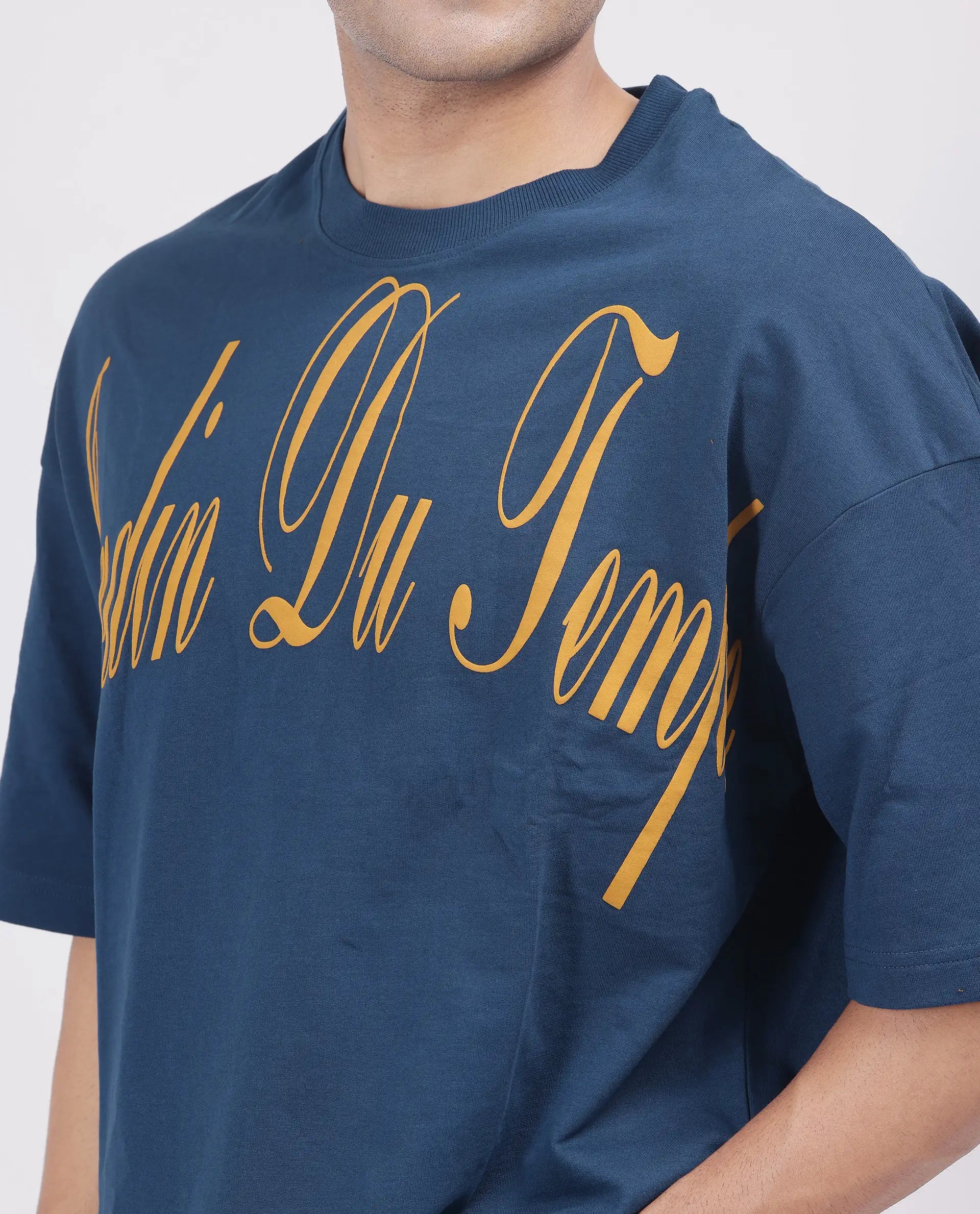 Rare Rabbit Men Tempe Petrol Cotton Fabric Short Sleeve Slip-On Oversized Fit Printed T-Shirt