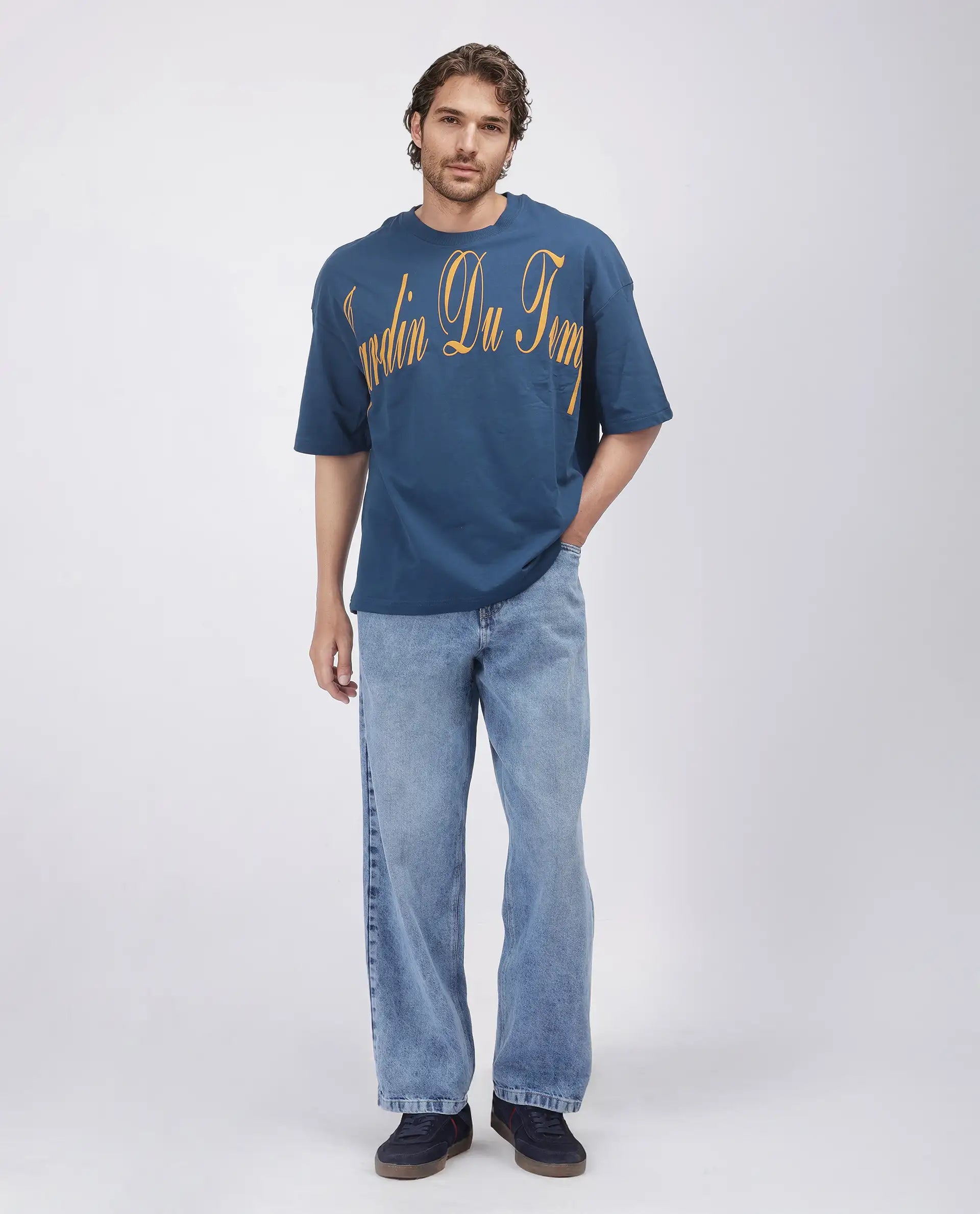 Rare Rabbit Men Tempe Petrol Cotton Fabric Short Sleeve Slip-On Oversized Fit Printed T-Shirt