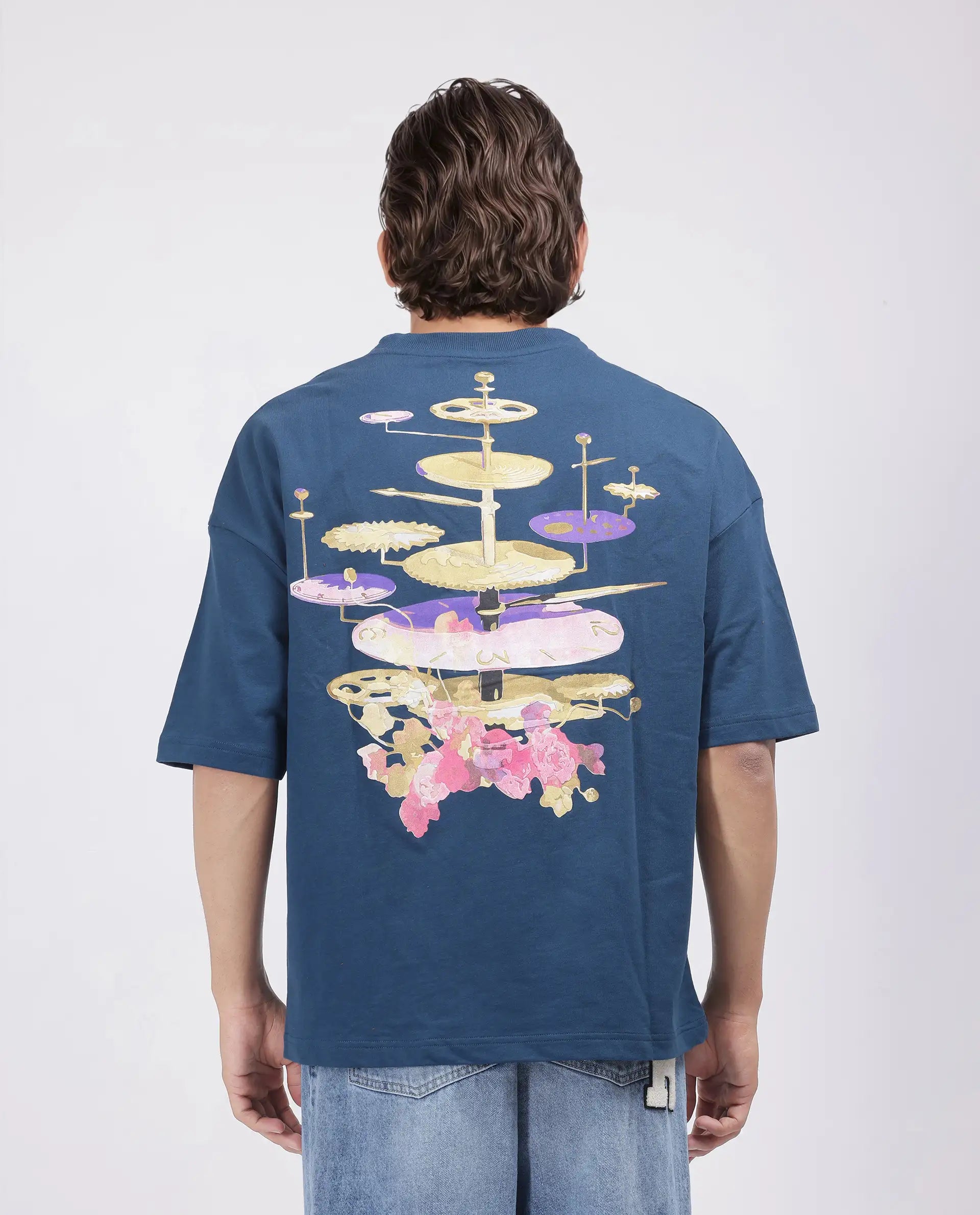 Rare Rabbit Men Tempe Petrol Cotton Fabric Short Sleeve Slip-On Oversized Fit Printed T-Shirt