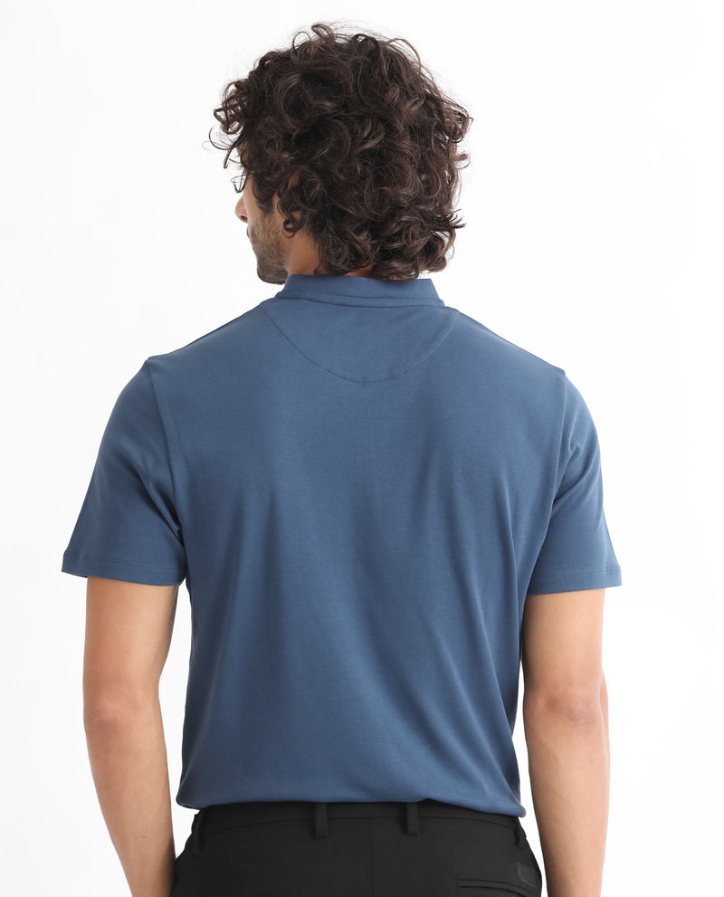 Rare Rabbit Men's Temper Dark Blue Cotton Fabric Baseball Stand Collared Neck Zipper Closure Half Sleeves Polo T-Shirt