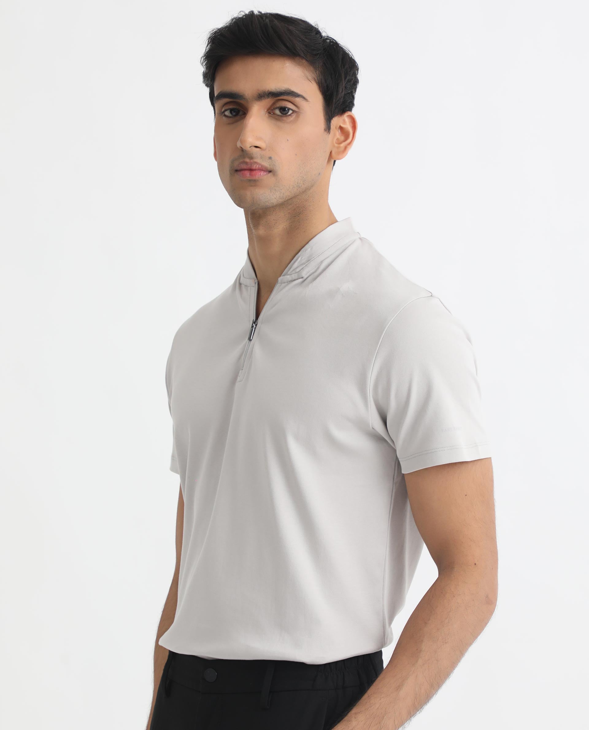 Rare Rabbit Men's Temper Grey Cotton Fabric Baseball Stand Collared Neck Zipper Closure Half Sleeves Polo T-Shirt