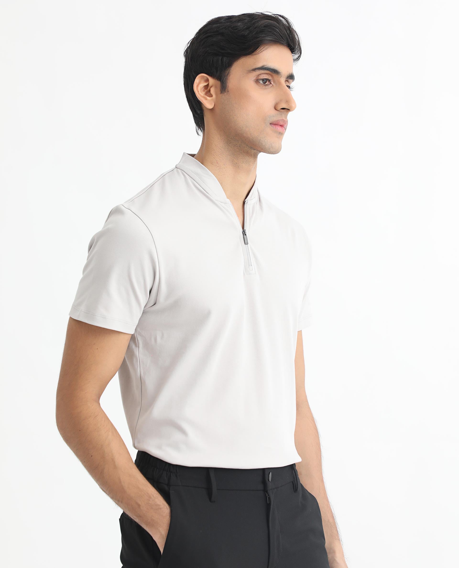 Rare Rabbit Men's Temper Grey Cotton Fabric Baseball Stand Collared Neck Zipper Closure Half Sleeves Polo T-Shirt