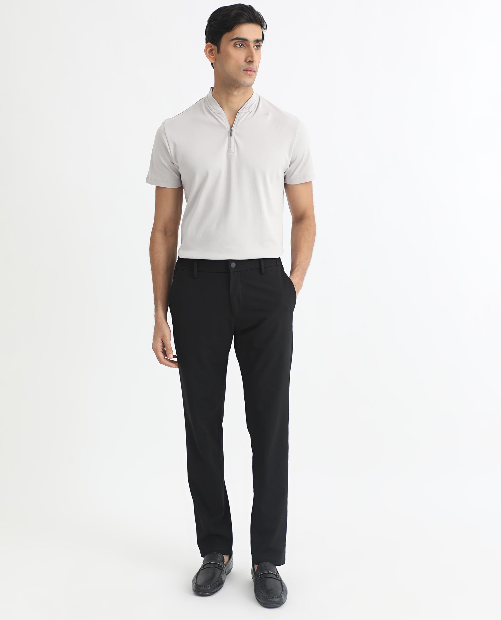 Rare Rabbit Men's Temper Grey Cotton Fabric Baseball Stand Collared Neck Zipper Closure Half Sleeves Polo T-Shirt