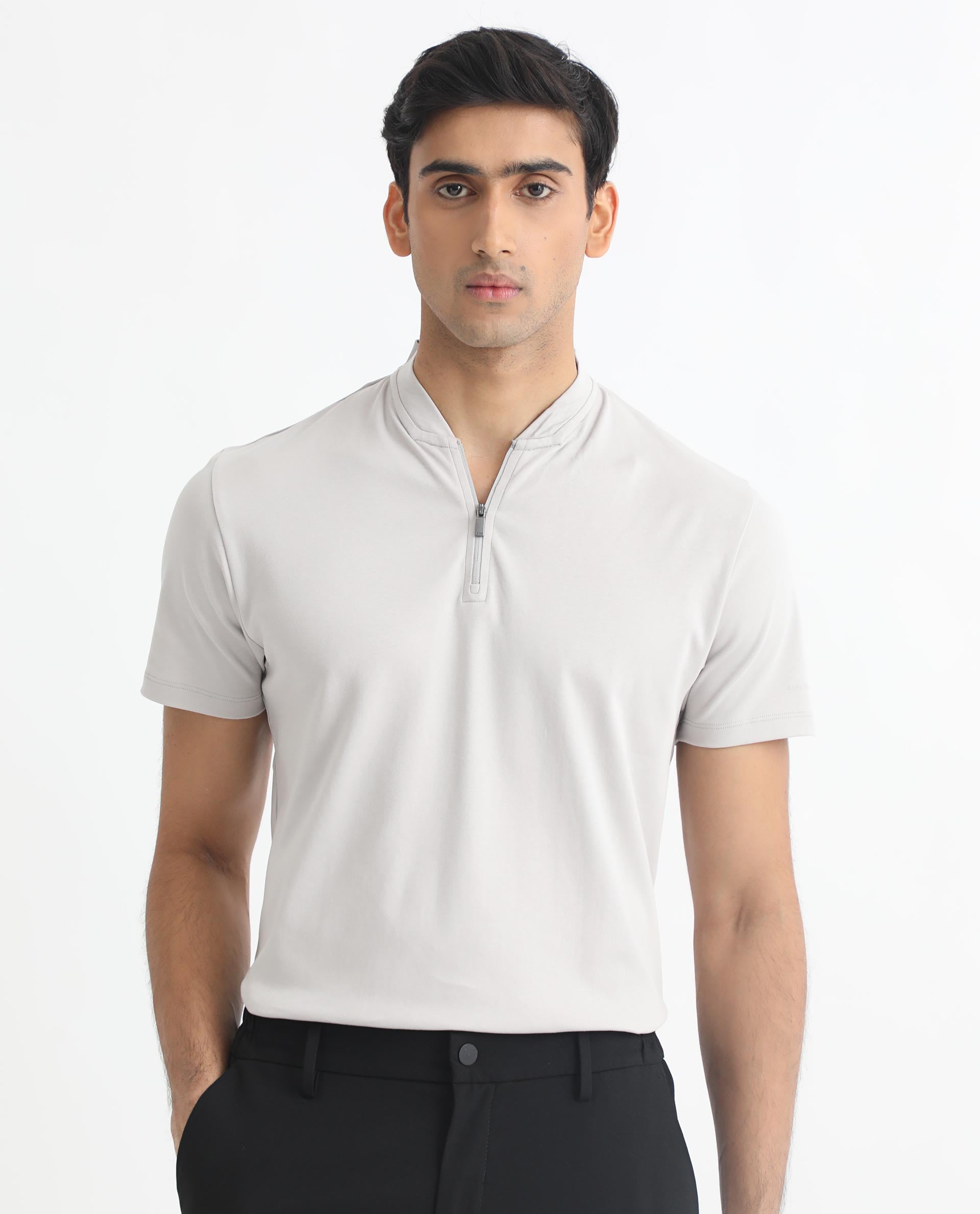 Rare Rabbit Men's Temper Grey Cotton Fabric Baseball Stand Collared Neck Zipper Closure Half Sleeves Polo T-Shirt