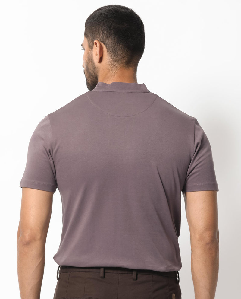 Rare Rabbit Men's Temper Purple Cotton Fabric Baseball Stand Collared Zipper Closure Neck Half Sleeves Polo T-Shirt