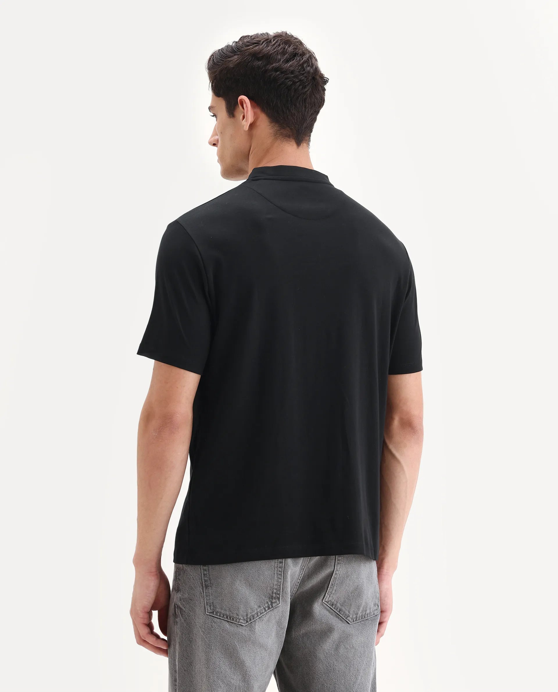 Rare Rabbit Men's Temper Black Cotton Plain Regular Fit Half Sleeve Polo