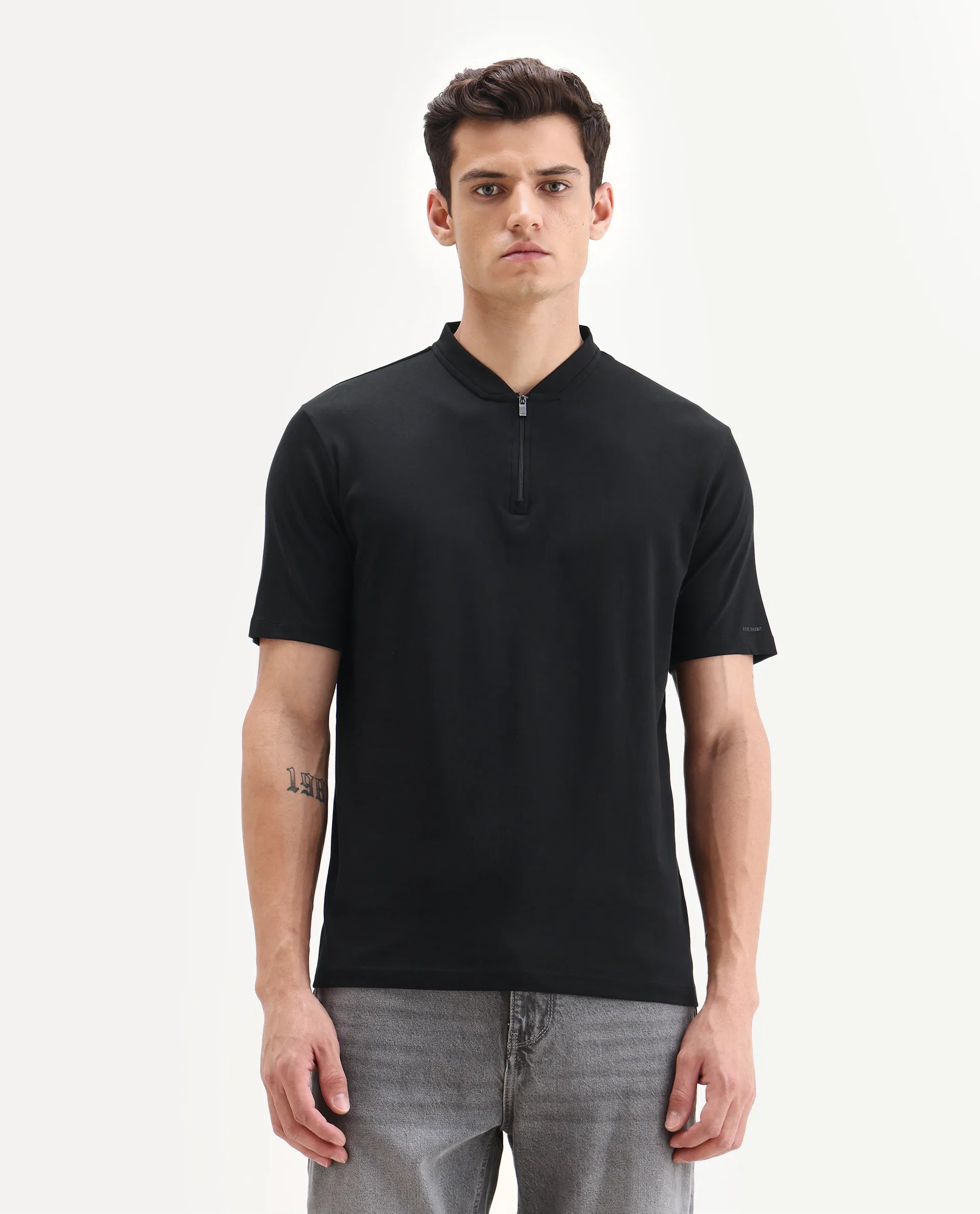 Rare Rabbit Men's Temper Black Cotton Plain Regular Fit Half Sleeve Polo