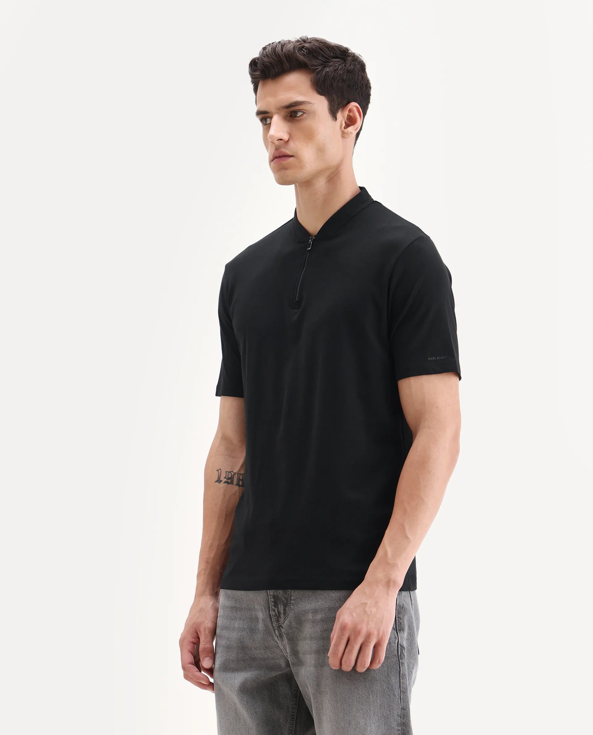 Rare Rabbit Men's Temper Black Cotton Plain Regular Fit Half Sleeve Polo
