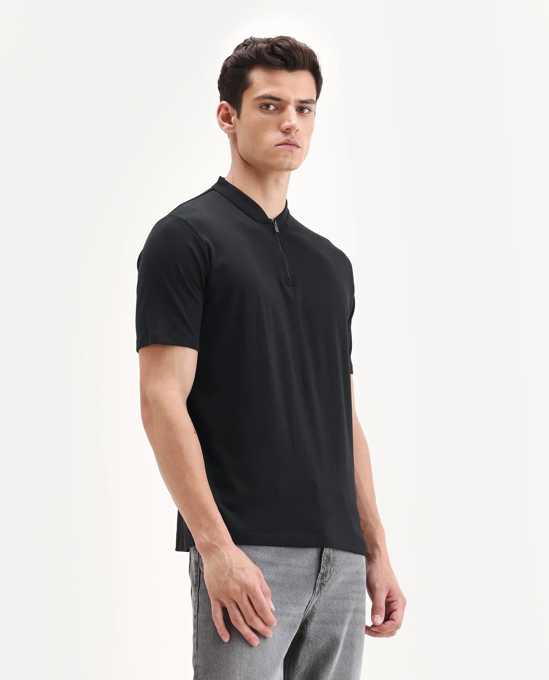 Rare Rabbit Men's Temper Black Cotton Plain Regular Fit Half Sleeve Polo