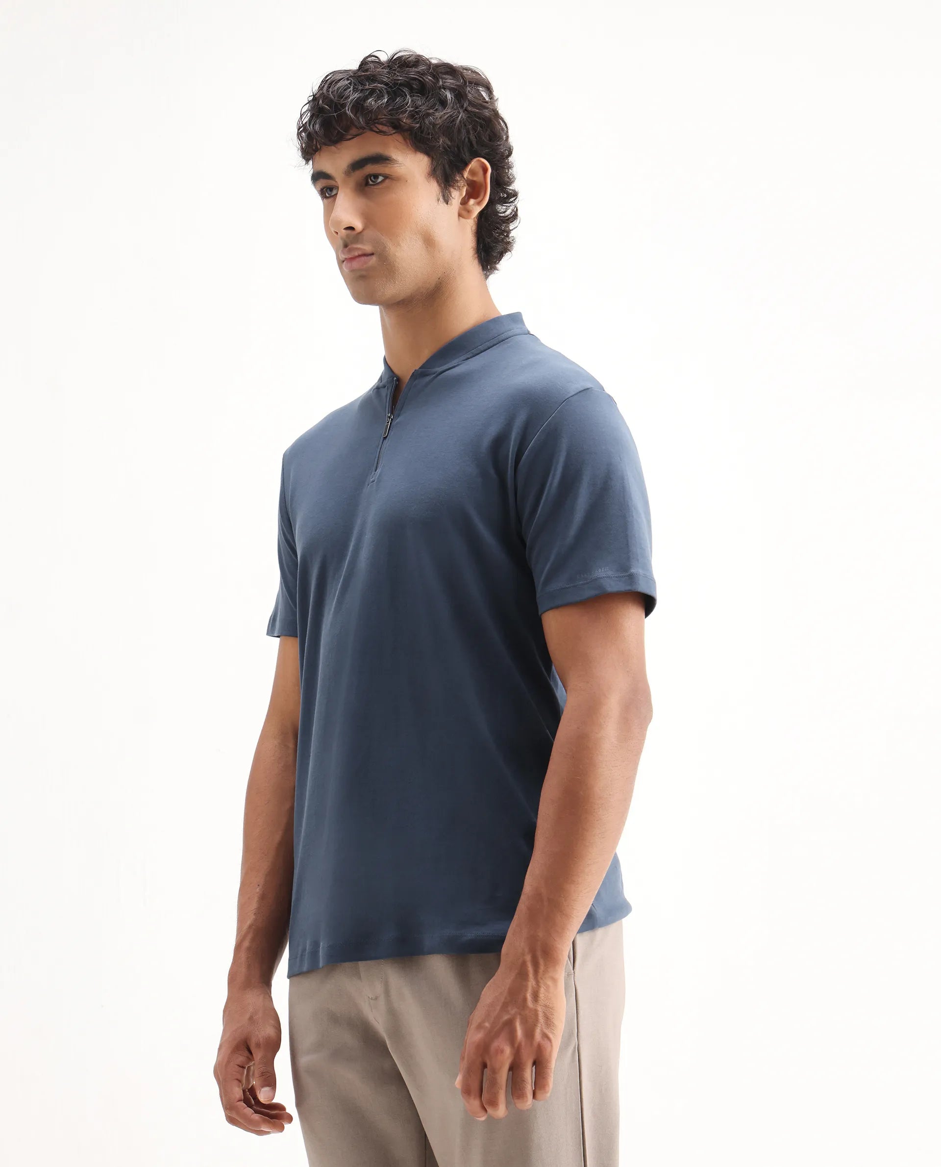 Rare Rabbit Men's Temper Dark Blue Cotton Plain Regular Fit Half Sleeve Polo