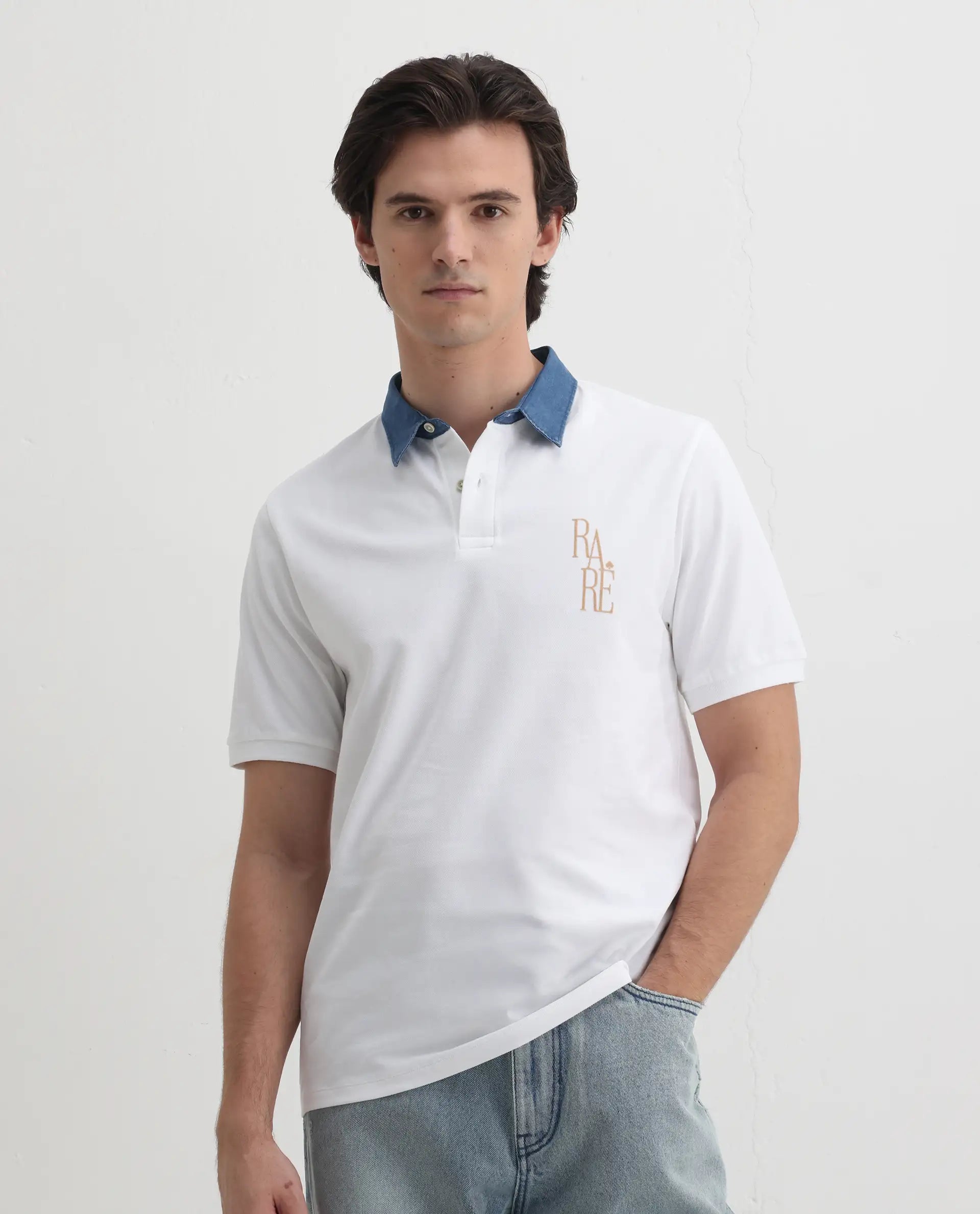 Rare Rabbit Men's Tem White Cotton Plain Regular Fit Half Sleeve Polo