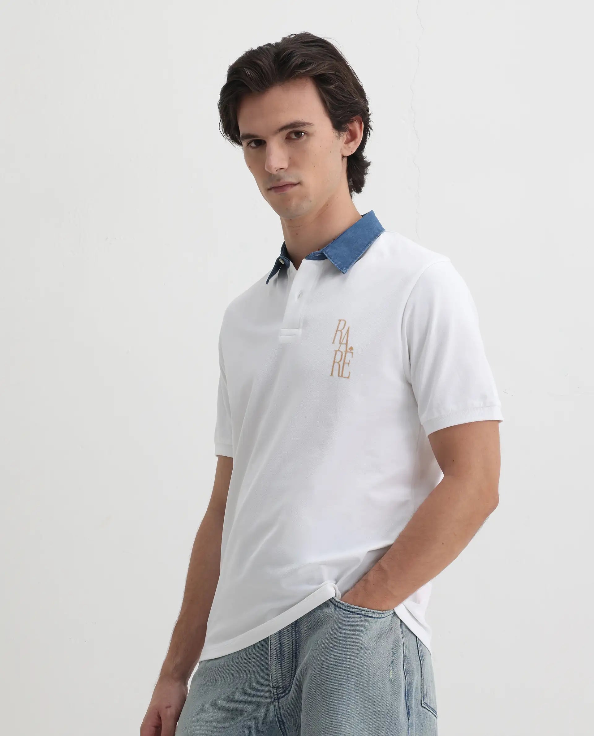 Rare Rabbit Men's Tem White Cotton Plain Regular Fit Half Sleeve Polo