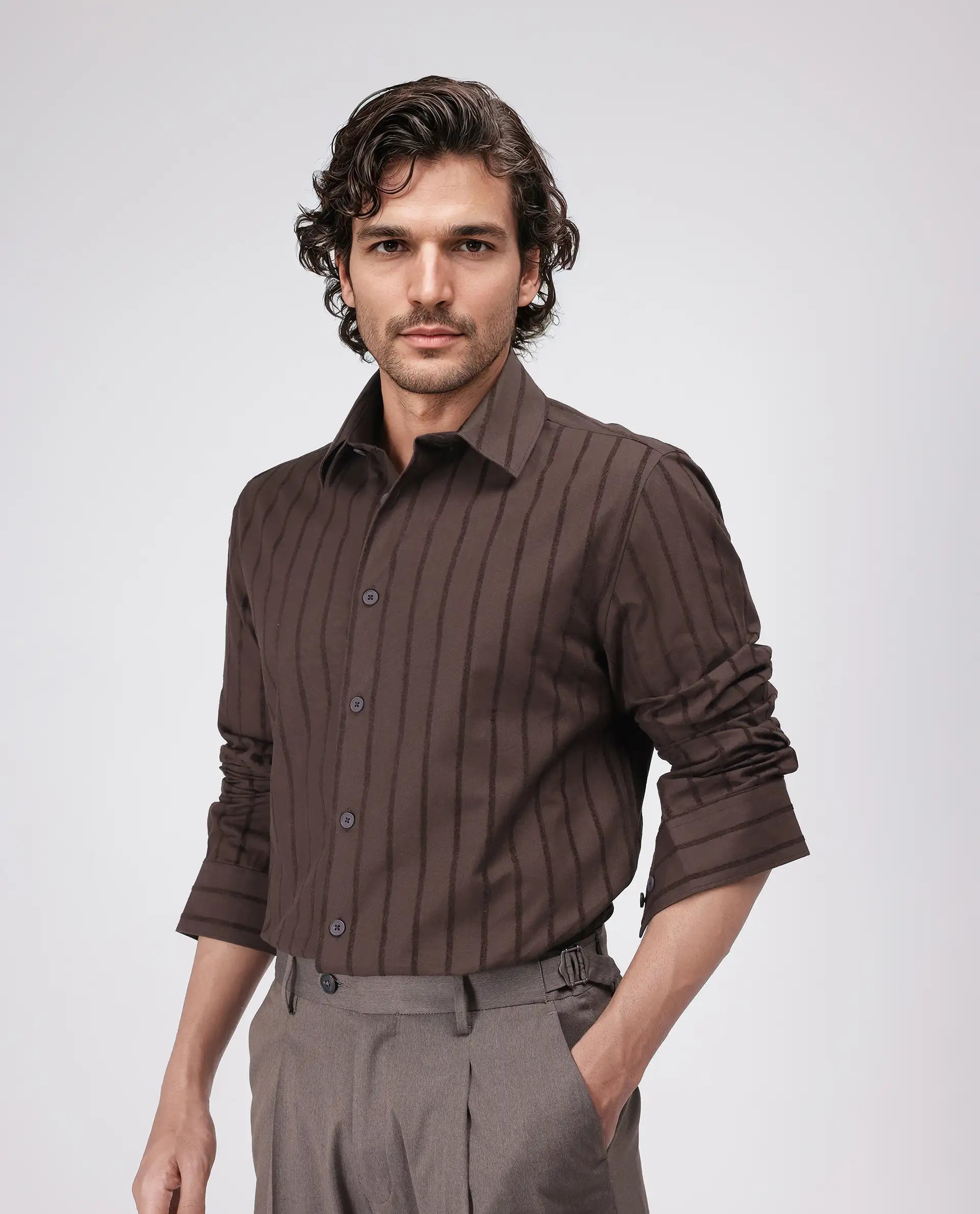 Rare Rabbit Men's Tener Dark Brown Cotton Fabric Full Sleeve Spread Collar Relaxed Fit Striped Shirt