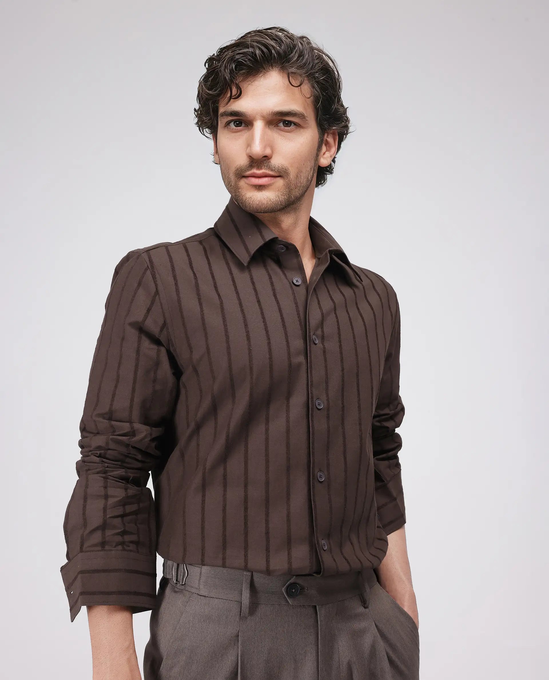 Rare Rabbit Men's Tener Dark Brown Cotton Fabric Full Sleeve Spread Collar Relaxed Fit Striped Shirt