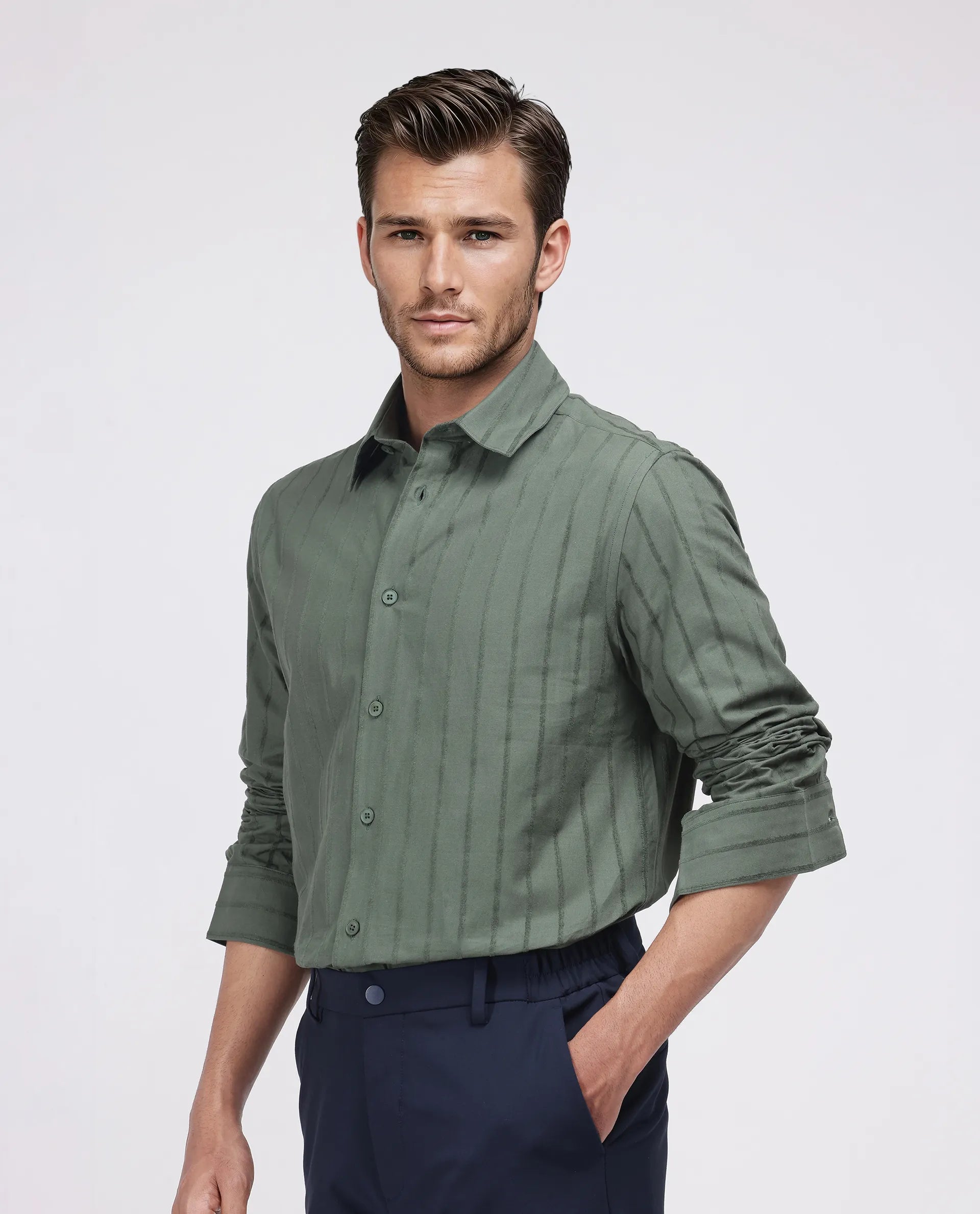 Rare Rabbit Men's Tener Dark Green Cotton Fabric Full Sleeve Spread Collar Striped Shirt