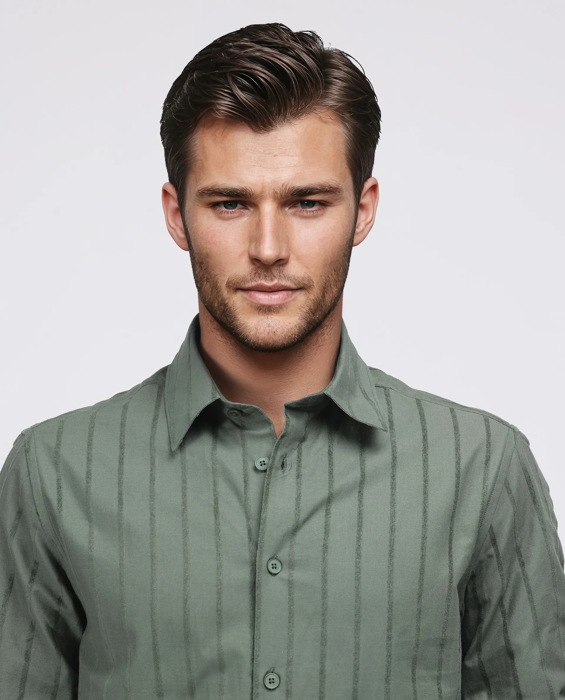 Rare Rabbit Men's Tener Dark Green Cotton Fabric Full Sleeve Spread Collar Striped Shirt
