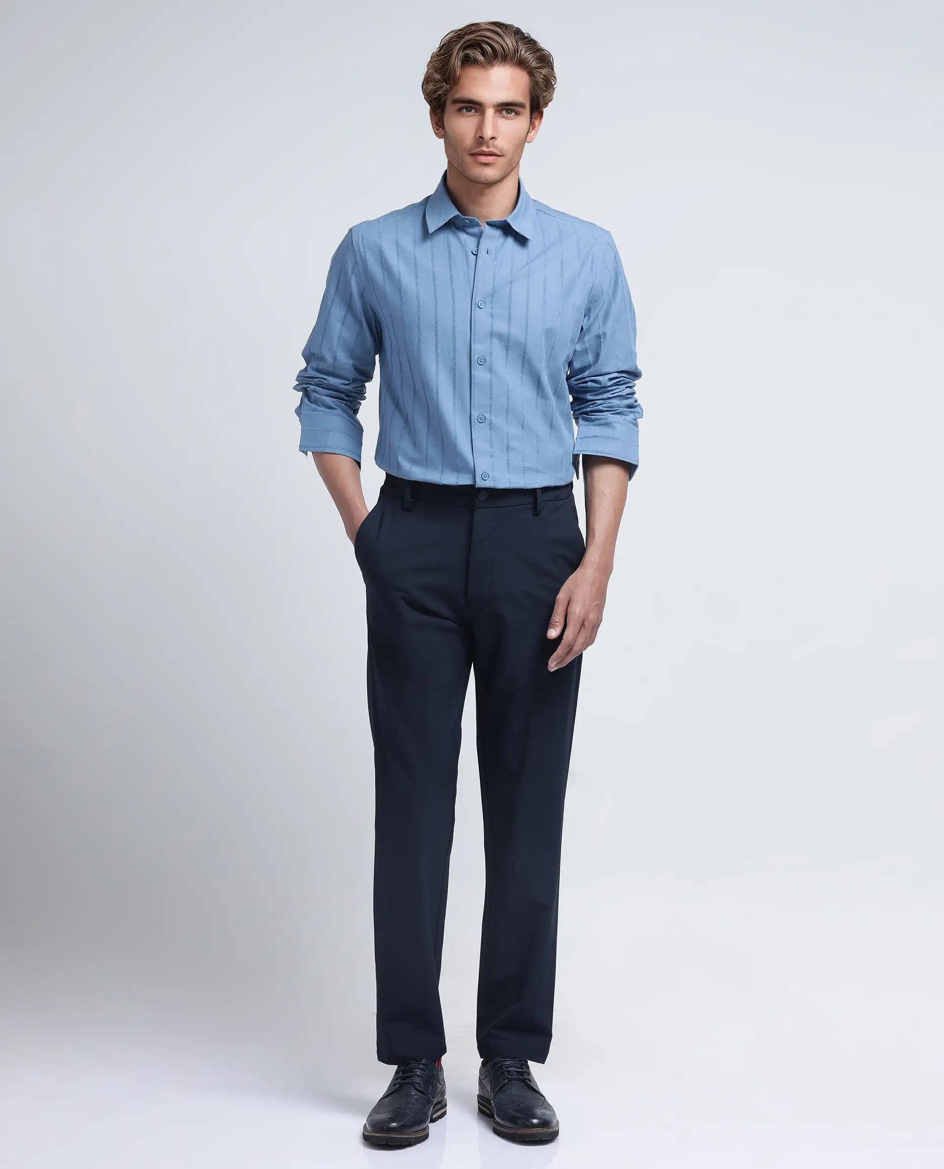 Rare Rabbit Men's Tener Dusky Blue Cotton Fabric Full Sleeve Spread Collar Striped Shirt