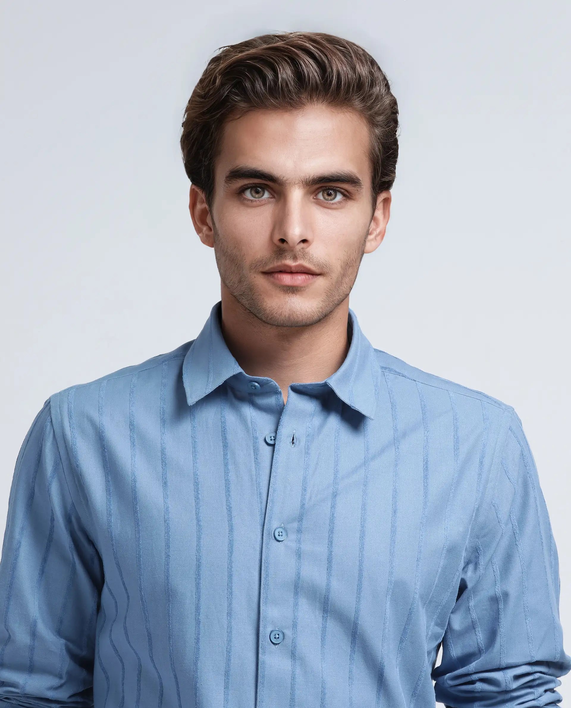 Rare Rabbit Men's Tener Dusky Blue Cotton Fabric Full Sleeve Spread Collar Striped Shirt