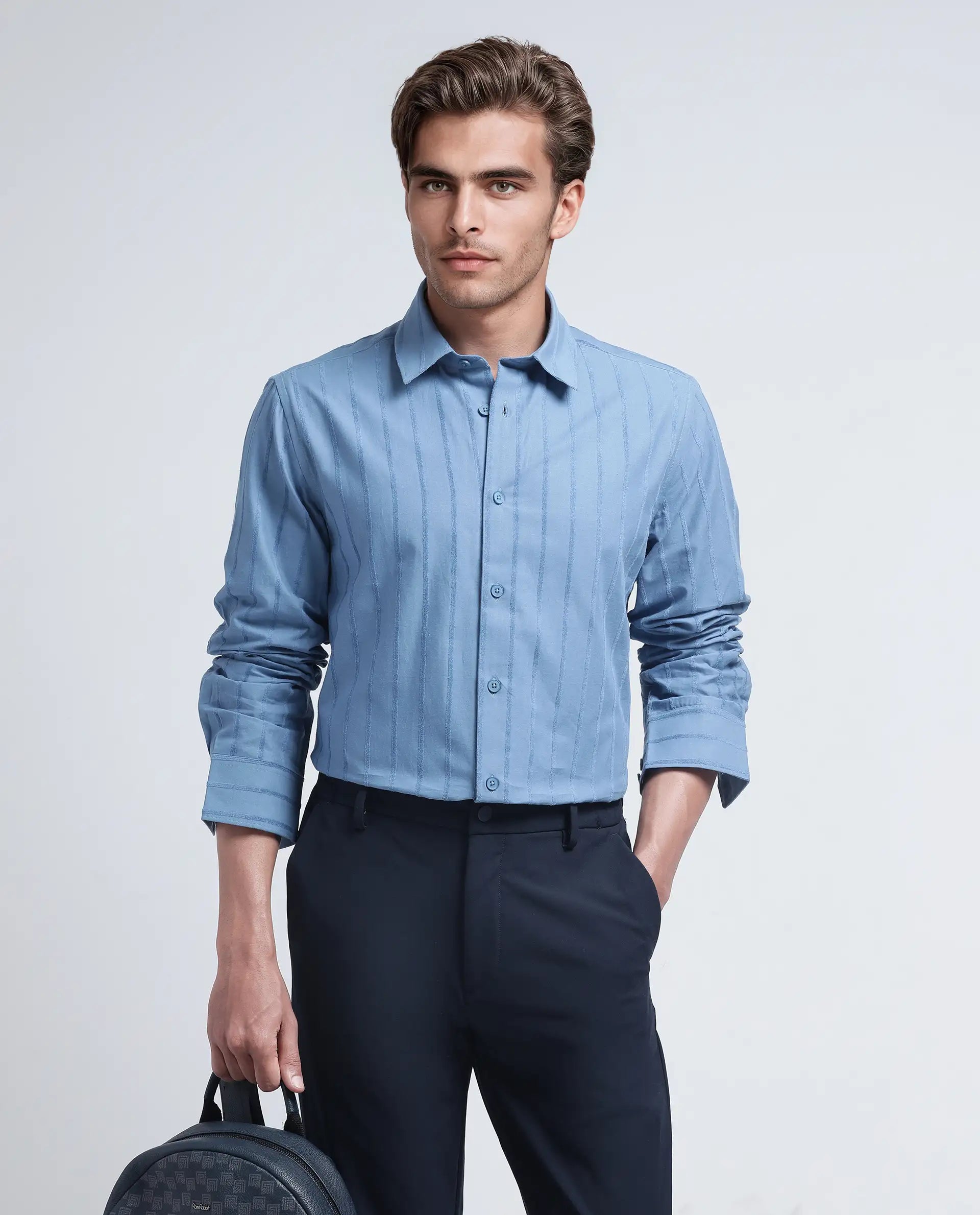 Rare Rabbit Men's Tener Dusky Blue Cotton Fabric Full Sleeve Spread Collar Striped Shirt