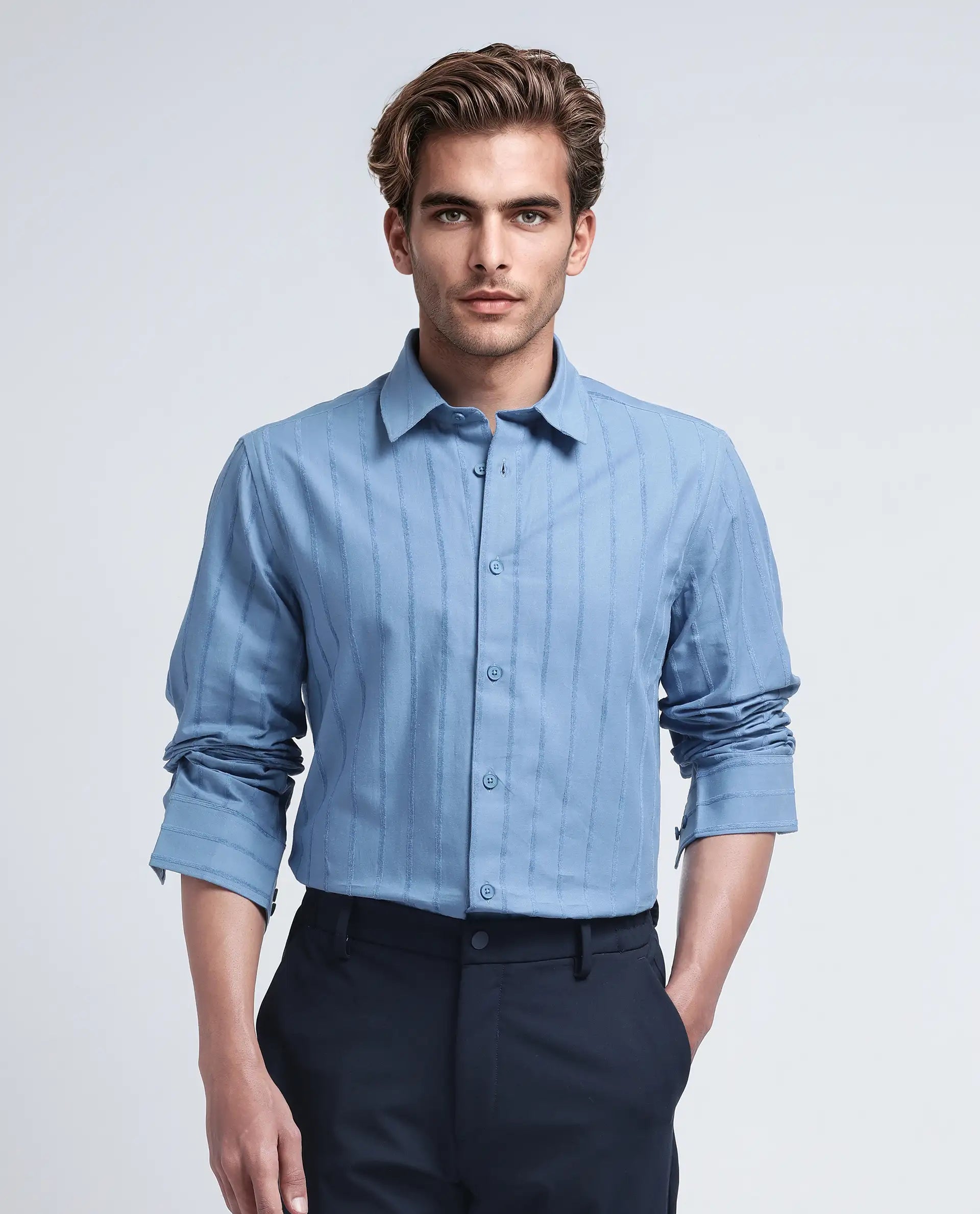 Rare Rabbit Men's Tener Dusky Blue Cotton Fabric Full Sleeve Spread Collar Striped Shirt