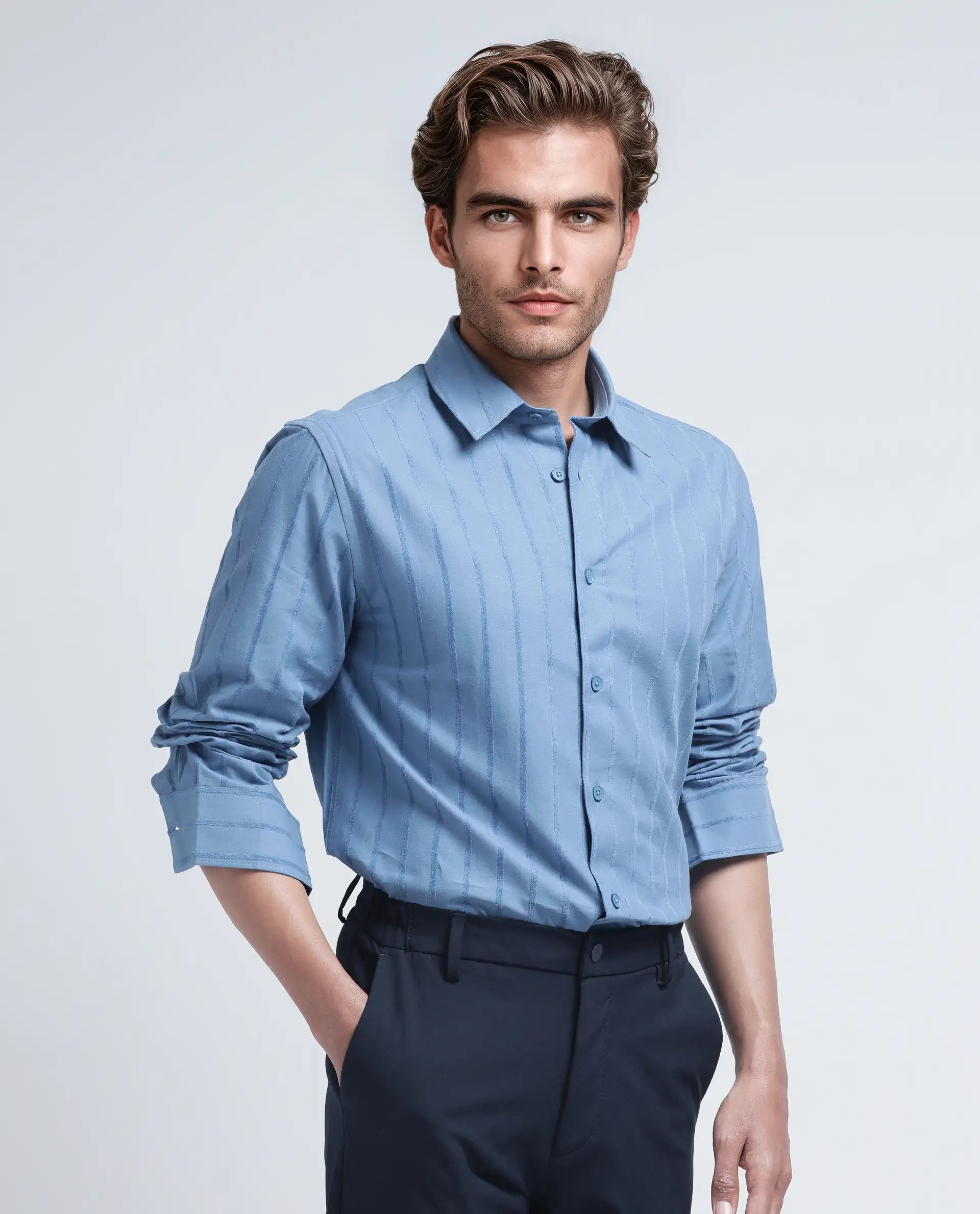 Rare Rabbit Men's Tener Dusky Blue Cotton Fabric Full Sleeve Spread Collar Striped Shirt