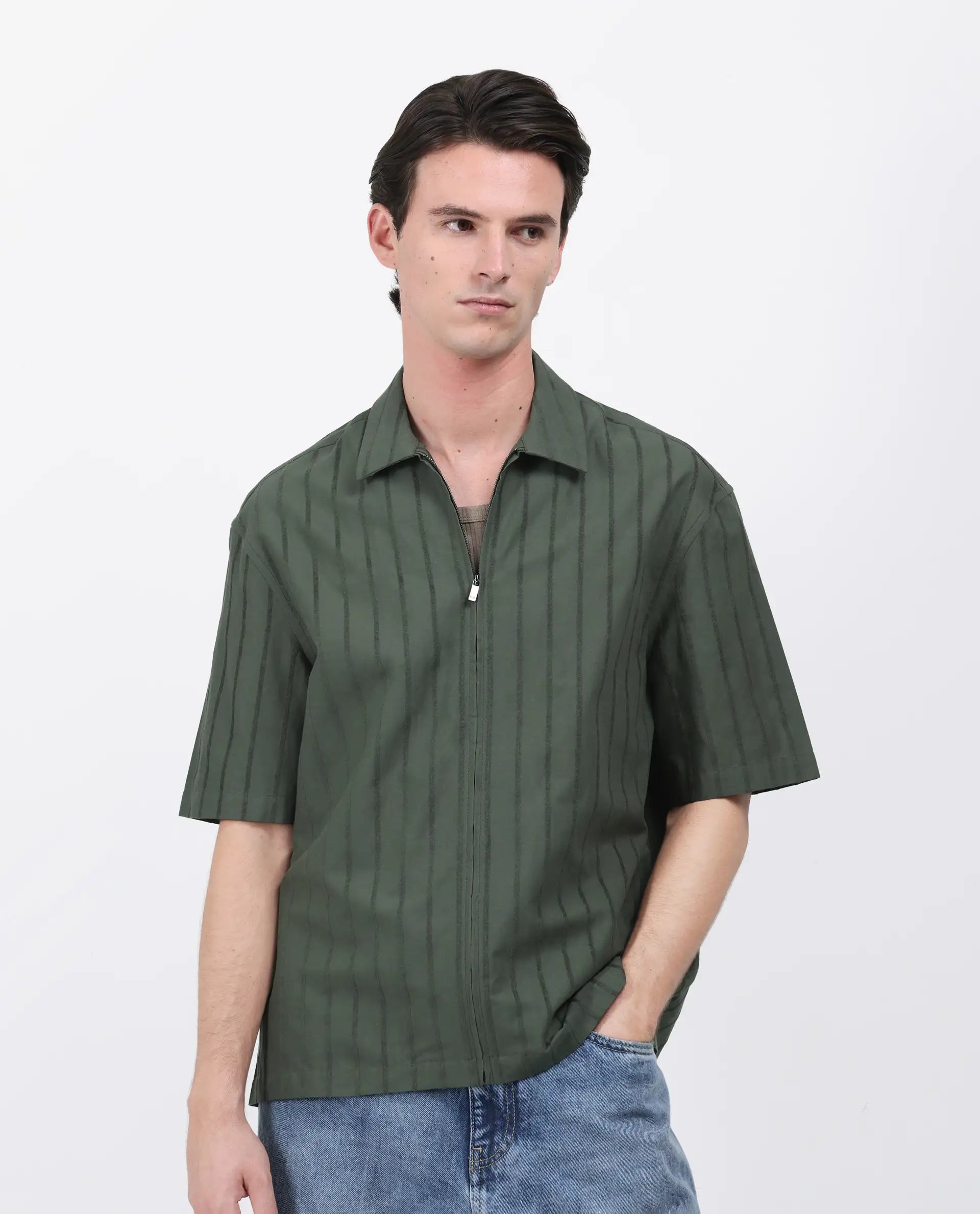 Rare Rabbit Men's Tenerz Dark Green Cotton Striped Print Boxy Fit Half Sleeve Collared Shirt