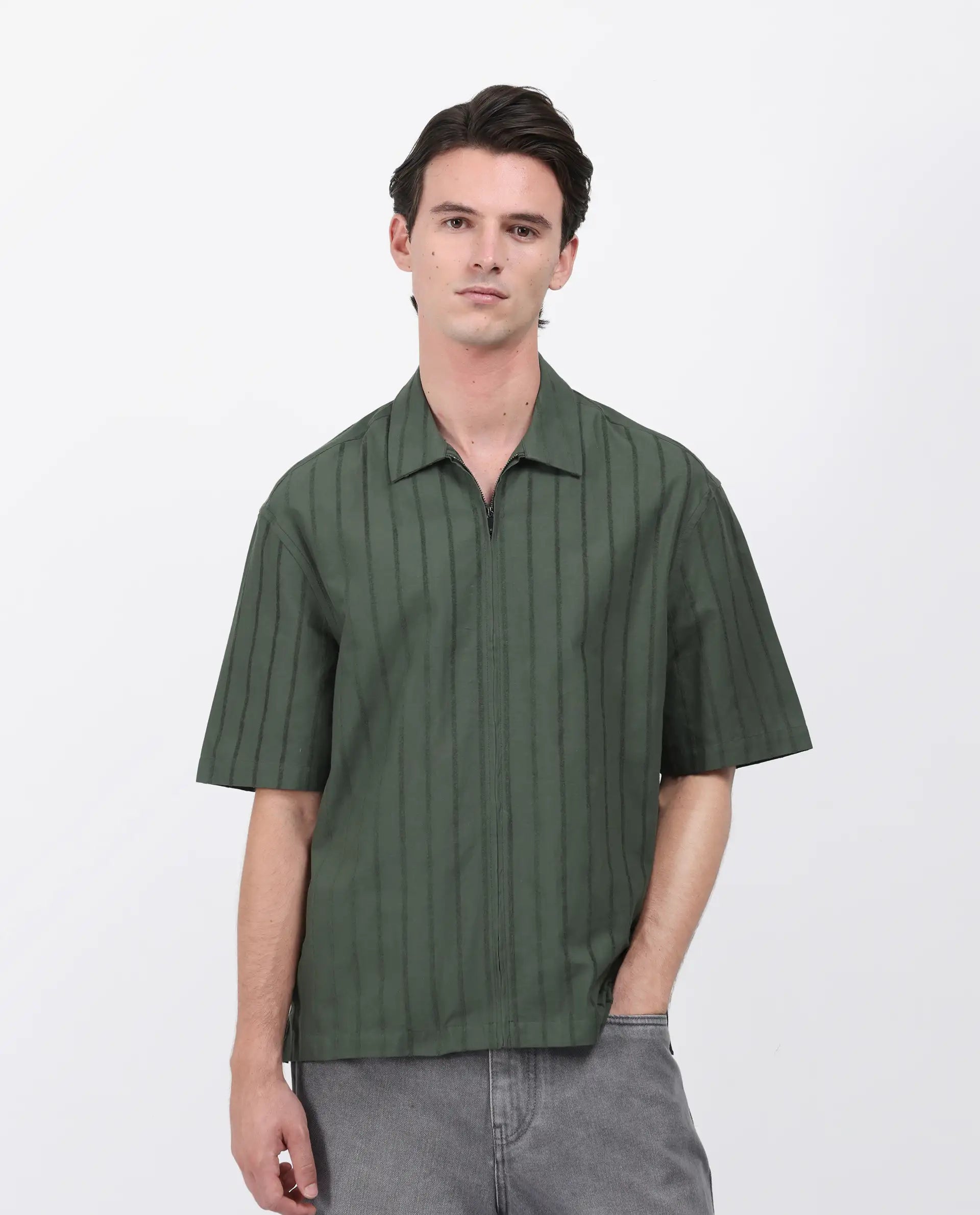 Rare Rabbit Men's Tenerz Dark Green Cotton Striped Print Boxy Fit Half Sleeve Collared Shirt