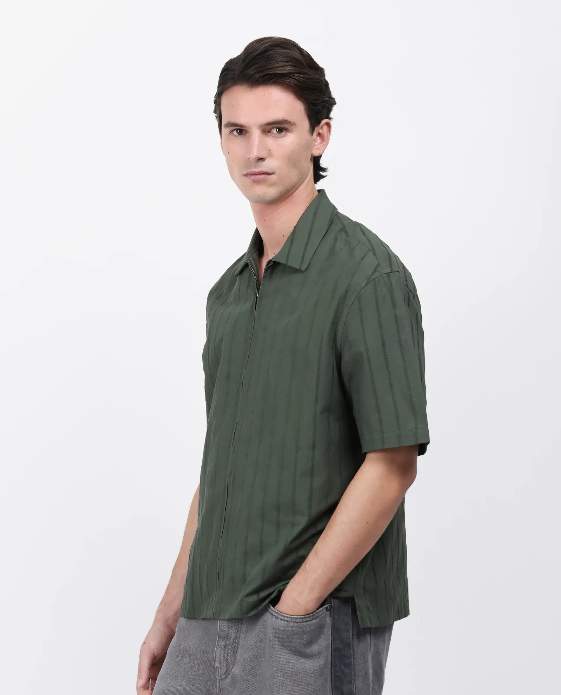 Rare Rabbit Men's Tenerz Dark Green Cotton Striped Print Boxy Fit Half Sleeve Collared Shirt