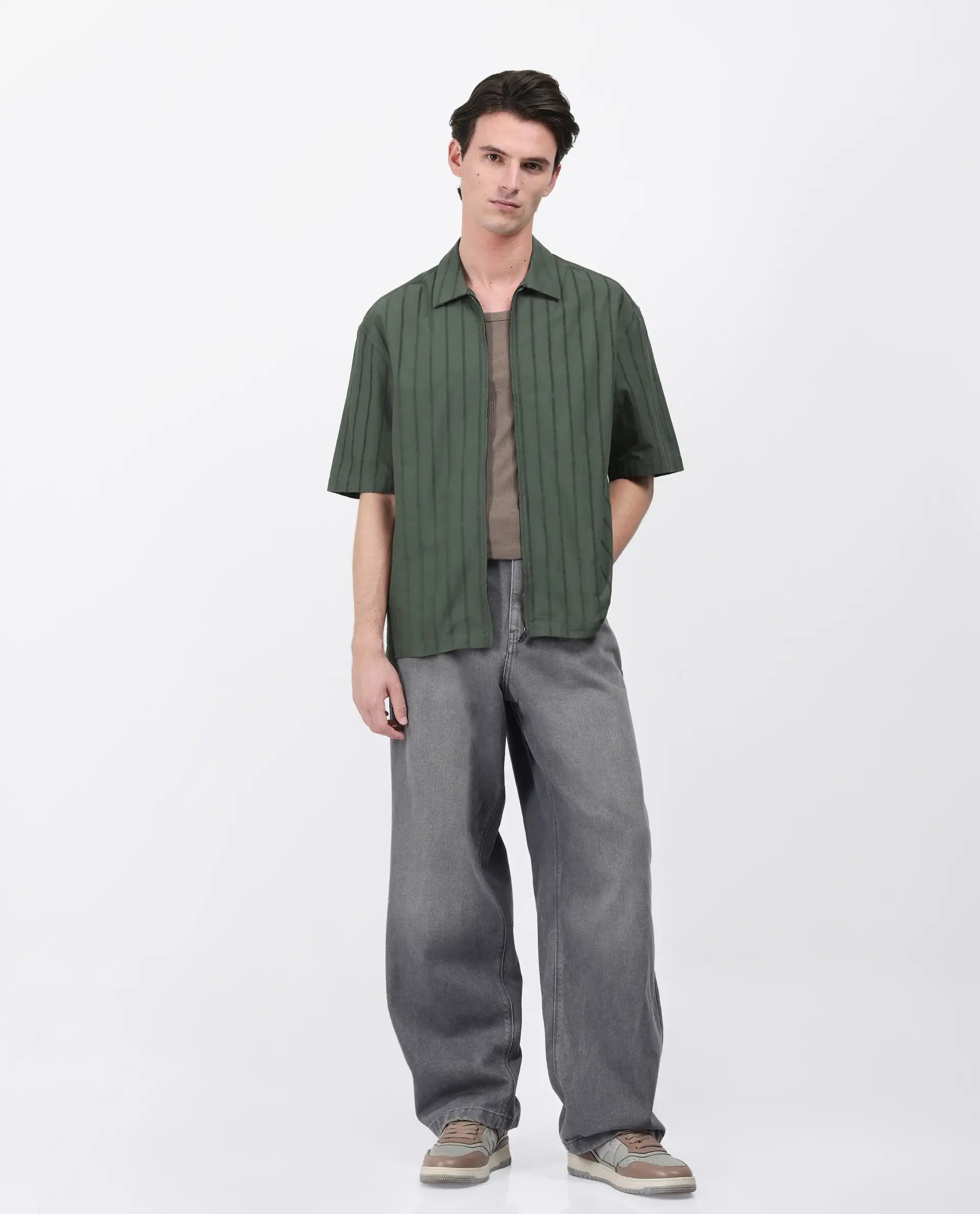 Rare Rabbit Men's Tenerz Dark Green Cotton Striped Print Boxy Fit Half Sleeve Collared Shirt