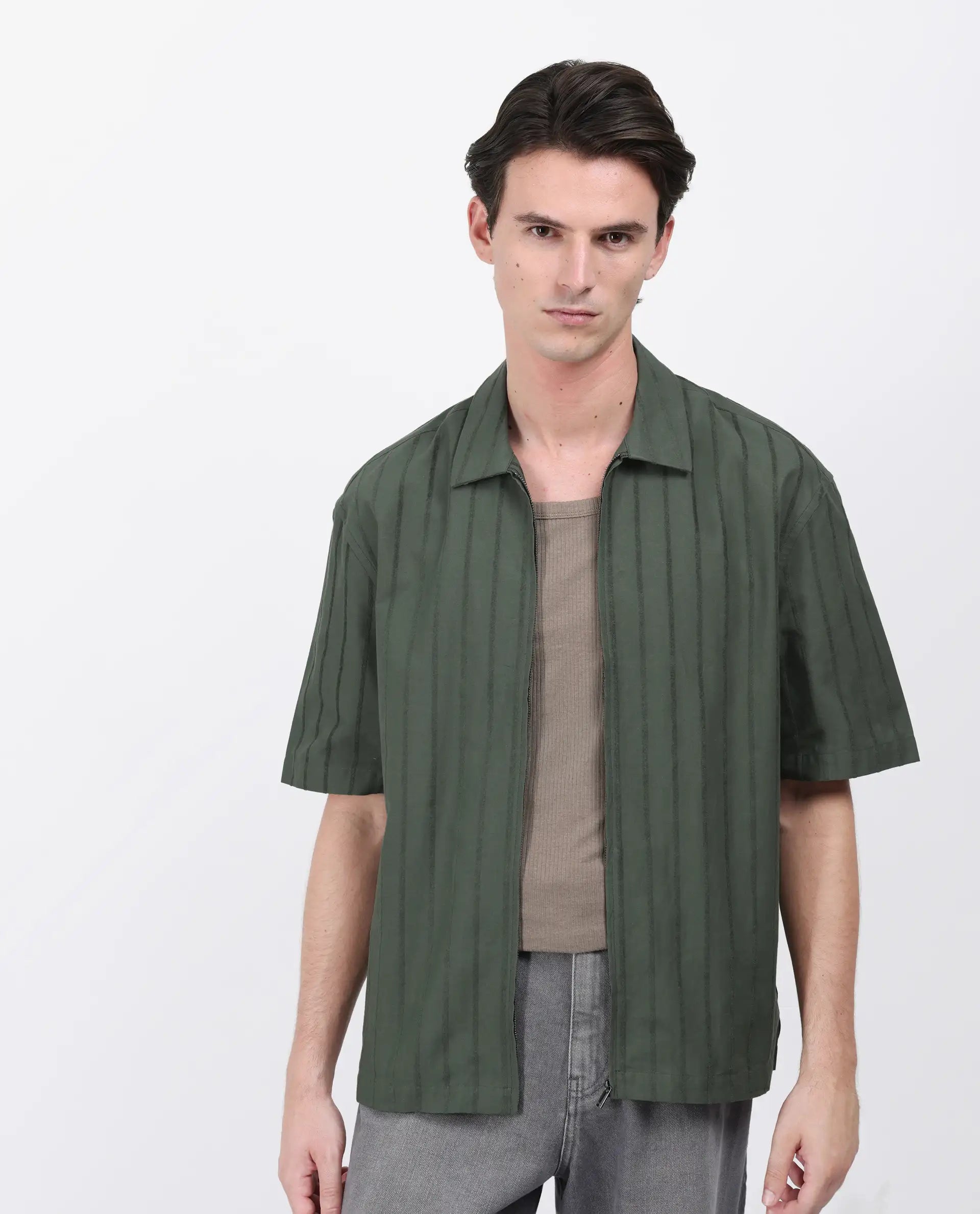 Rare Rabbit Men's Tenerz Dark Green Cotton Striped Print Boxy Fit Half Sleeve Collared Shirt