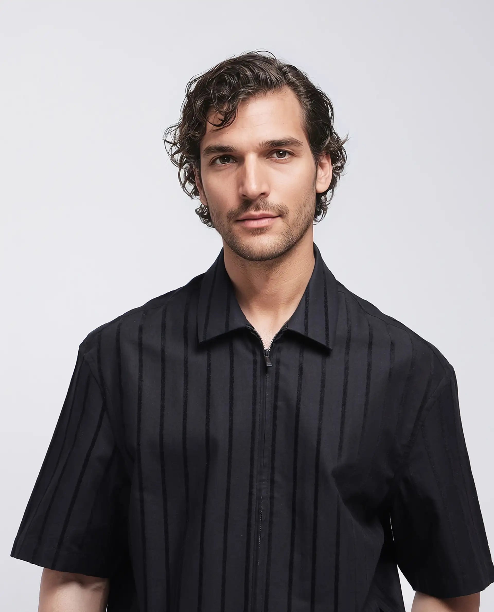 Rare Rabbit Men's Tenerz Black Cotton Fabric Half Sleeve Spread Collar Boxy Fit Striped Shirt