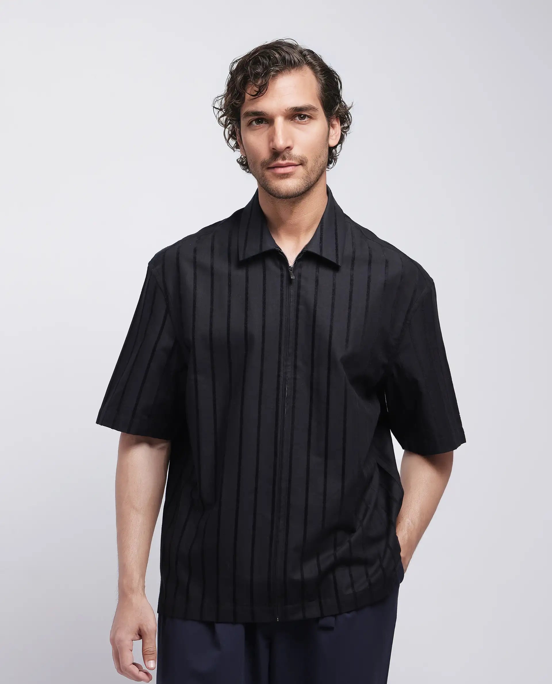 Rare Rabbit Men's Tenerz Black Cotton Fabric Half Sleeve Spread Collar Boxy Fit Striped Shirt