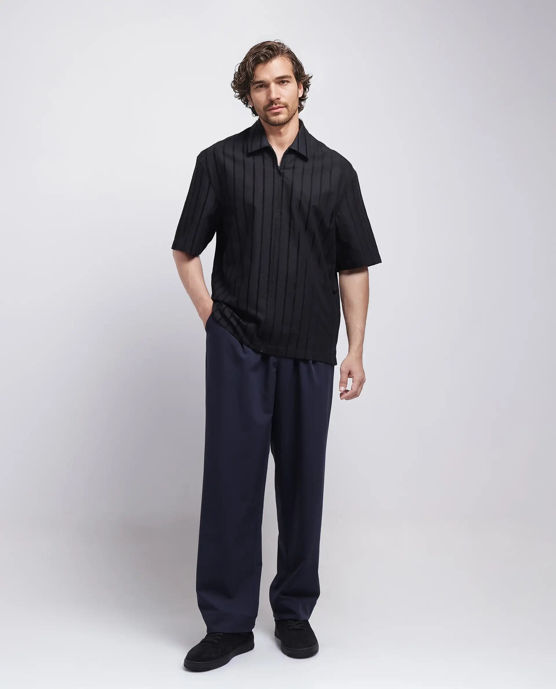 Rare Rabbit Men's Tenerz Black Cotton Fabric Half Sleeve Spread Collar Boxy Fit Striped Shirt